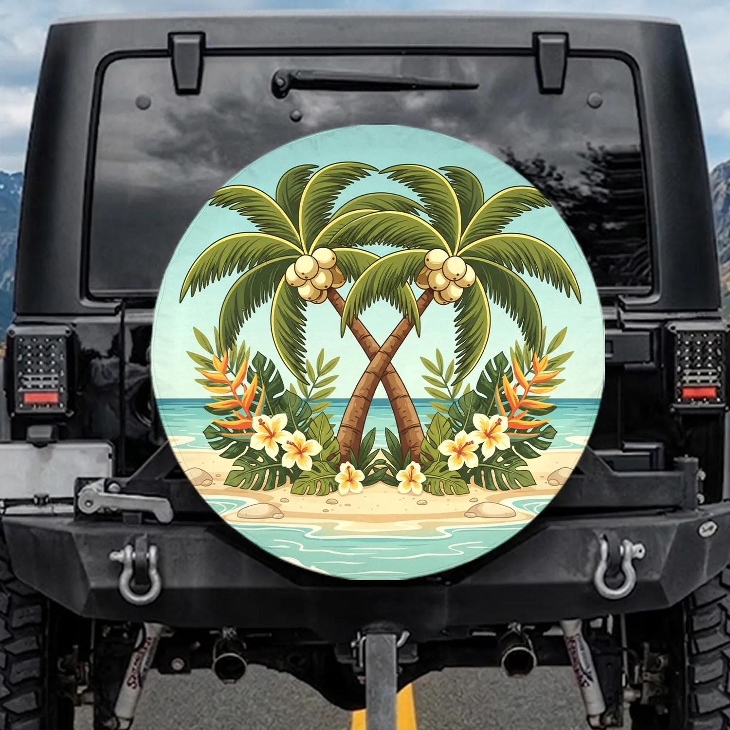 Tropical Palm Trees Coconuts Ocean Beach - Travel Lifestyle Gift Spare Tire Cover - 1