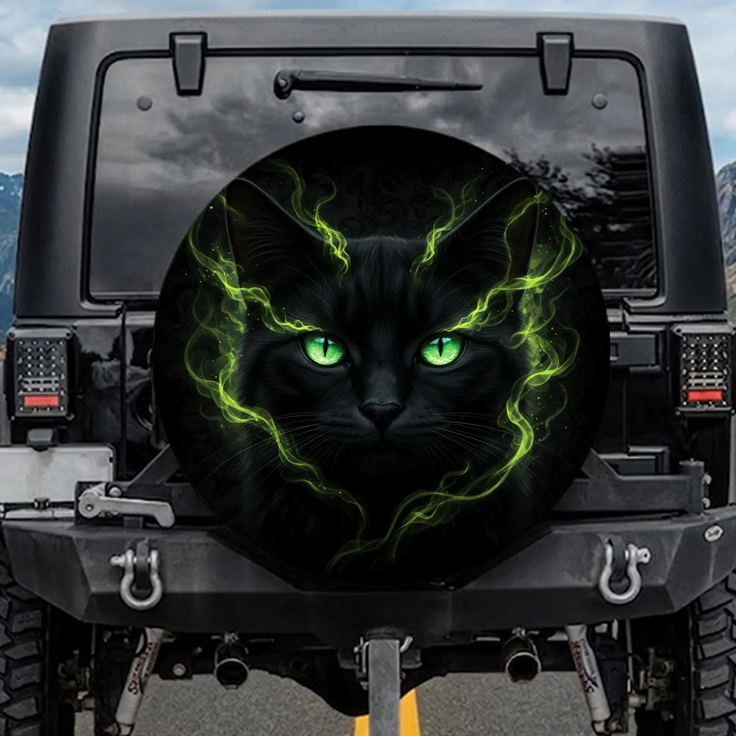 Emerald Feline Eyes Dark Fur Mist - Everyday Use Car Decor Gift Spare Tire Cover - 1