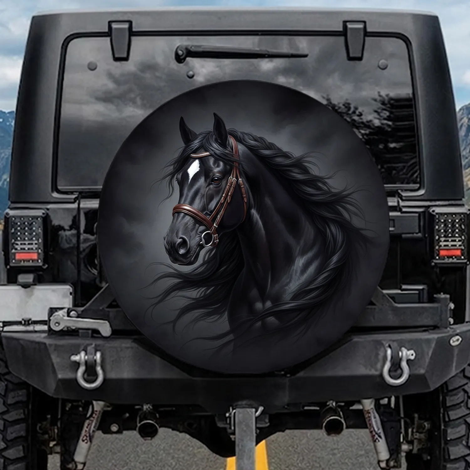 Powerful Black Horse White Blaze Leather Bridle Sweeping Mane - Horse Lover Gift Spare Tire Cover - 1