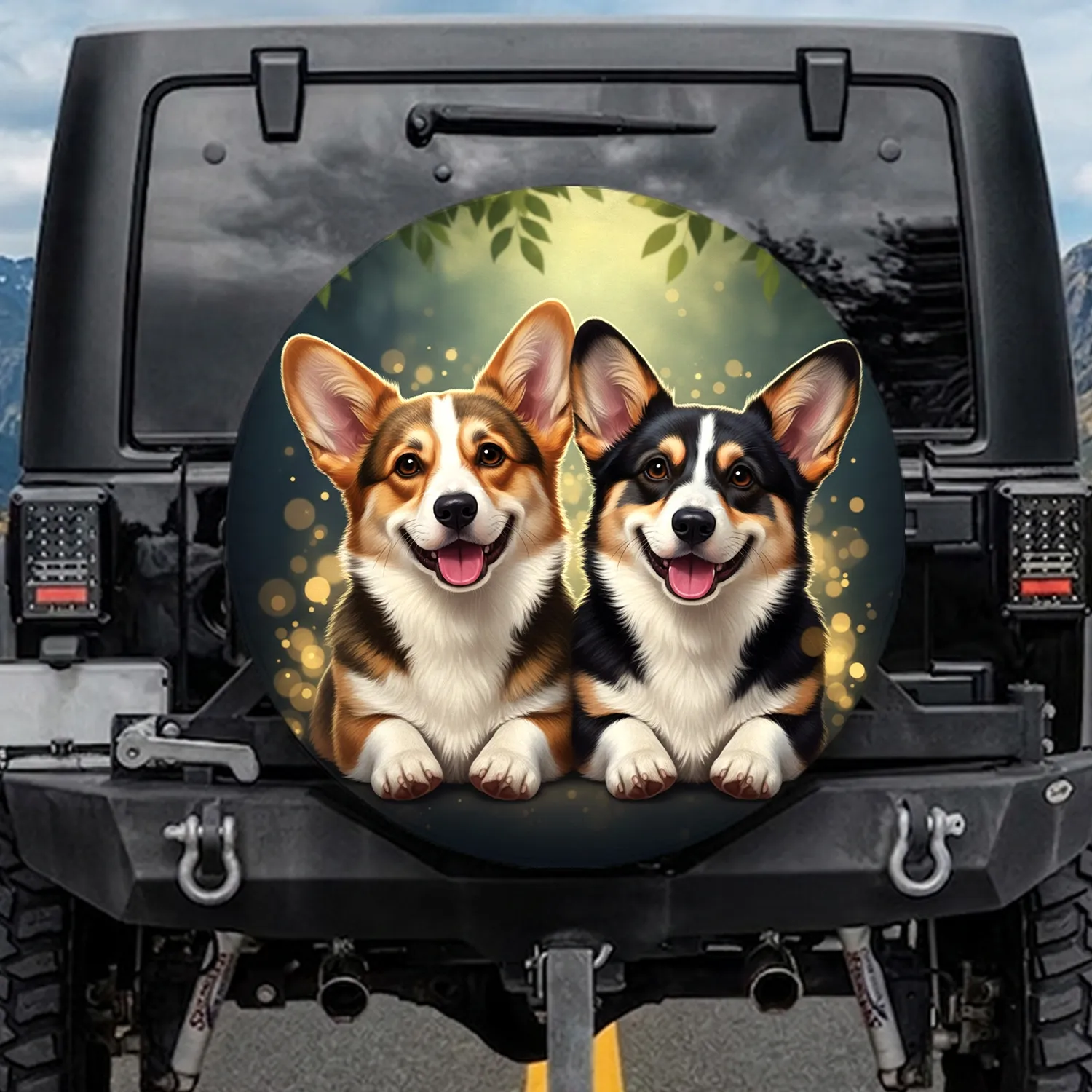 Sable Tri-color Corgi Dogs Pink Tongues Paws Sunlit Bokeh - Travel Essentials Dog Lover Gift Spare Tire Cover - 1