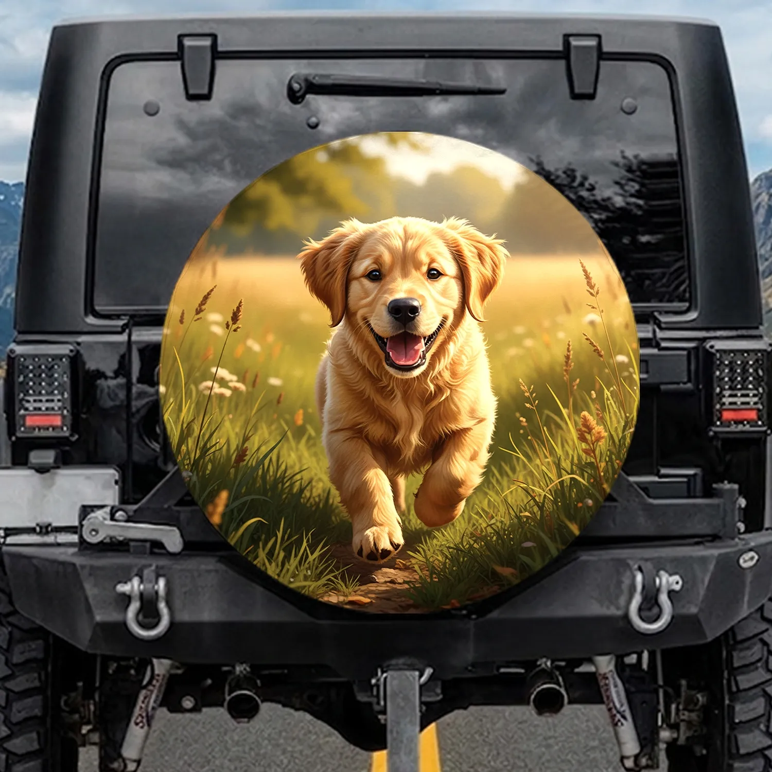 Joyful Golden Retriever Puppy Running Green Field - Dog Lover Auto Accessory Gift Spare Tire Cover - 1