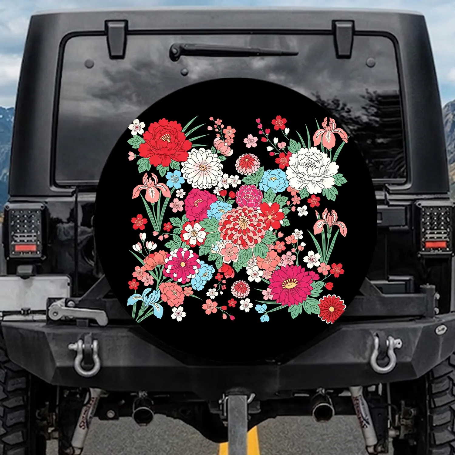 Vibrant Layered Japanese Floral Blossoms Black Background - Home Decor Gift Spare Tire Cover - 1