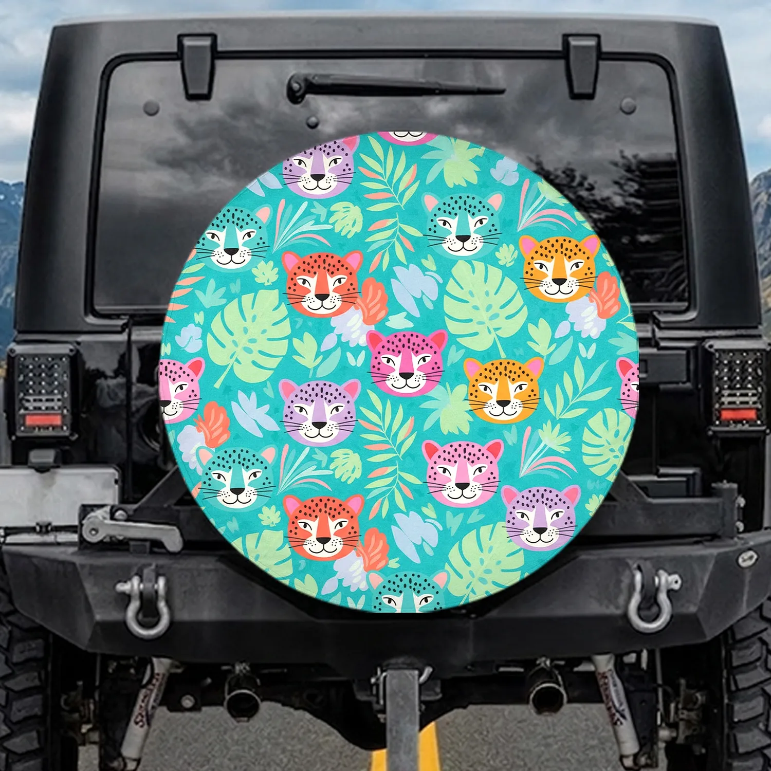 Leopard Cheetah Faces Tropical Leaves Floral Shapes - Wildlife Lover Travel Essentials Spare Tire Cover - 1