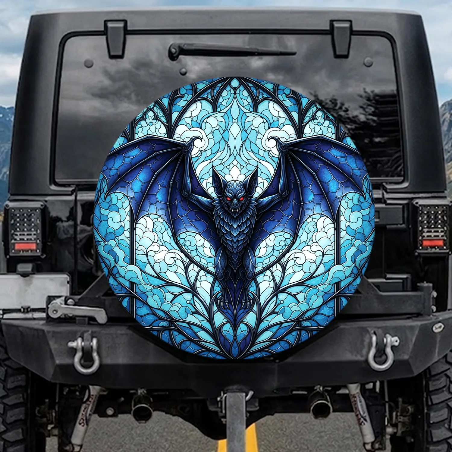 Majestic Stained Glass Bat Gothic Window Clouds - Wildlife Lover Home Decor Gift Spare Tire Cover - 1