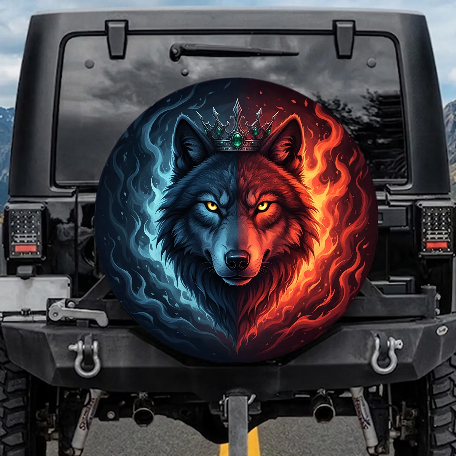 Split Wolf Head Crown Elemental - Fantasy Decor Gift for Wolf Lover Spare Tire Cover - 1