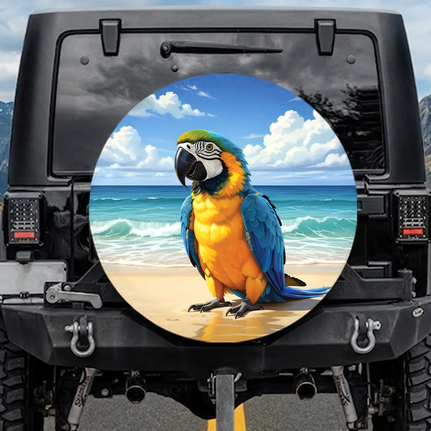 Blue Yellow Macaw Plumage Tropical Ocean Sandy Beach - Wildlife Lover Travel Gift Spare Tire Cover - 1