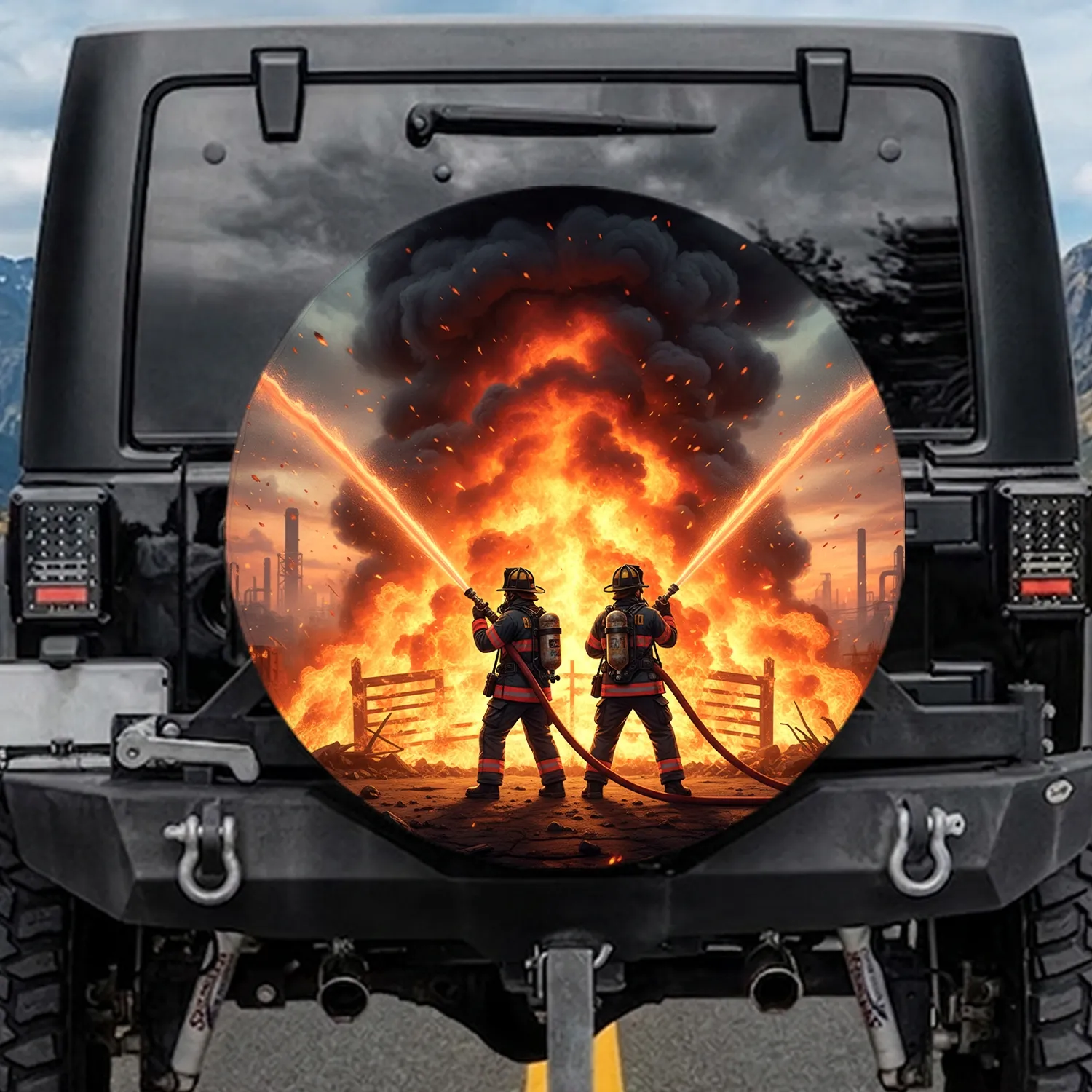 Firefighters Raging Wildfire Smoke Inferno - Travel Essentials Gift for First Responders Spare Tire Cover - 1