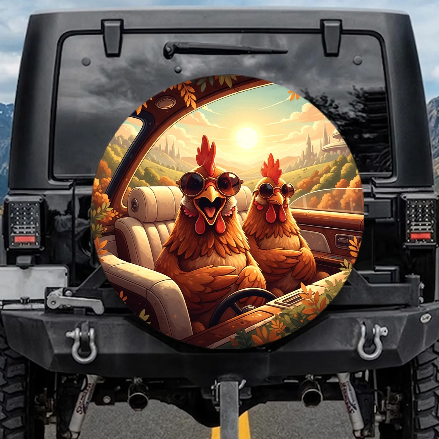 Expressive Chickens Driving Road Trip - Farmhouse Decor Travel Gift for Chicken Lovers Spare Tire Cover - 1