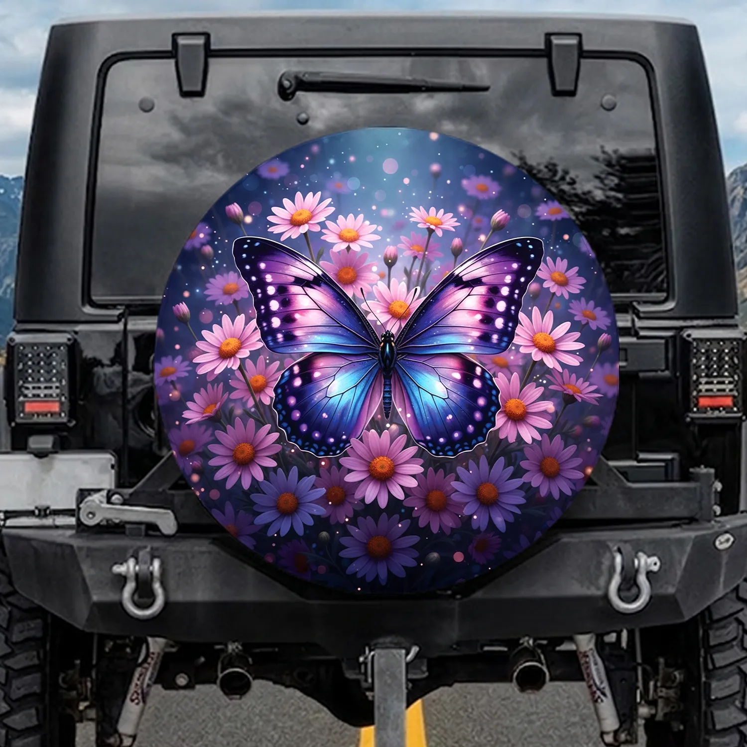 Iridescent Purple Butterfly Daisy Flowers Twilight Garden - Nature Lover Gift Spare Tire Cover - 1