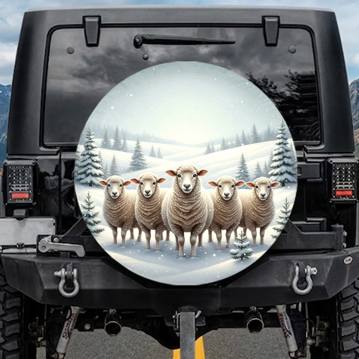 Fluffy Sheep Snowy Evergreens Winter Landscape - Farmhouse Decor for Sheep Lover Spare Tire Cover - 1