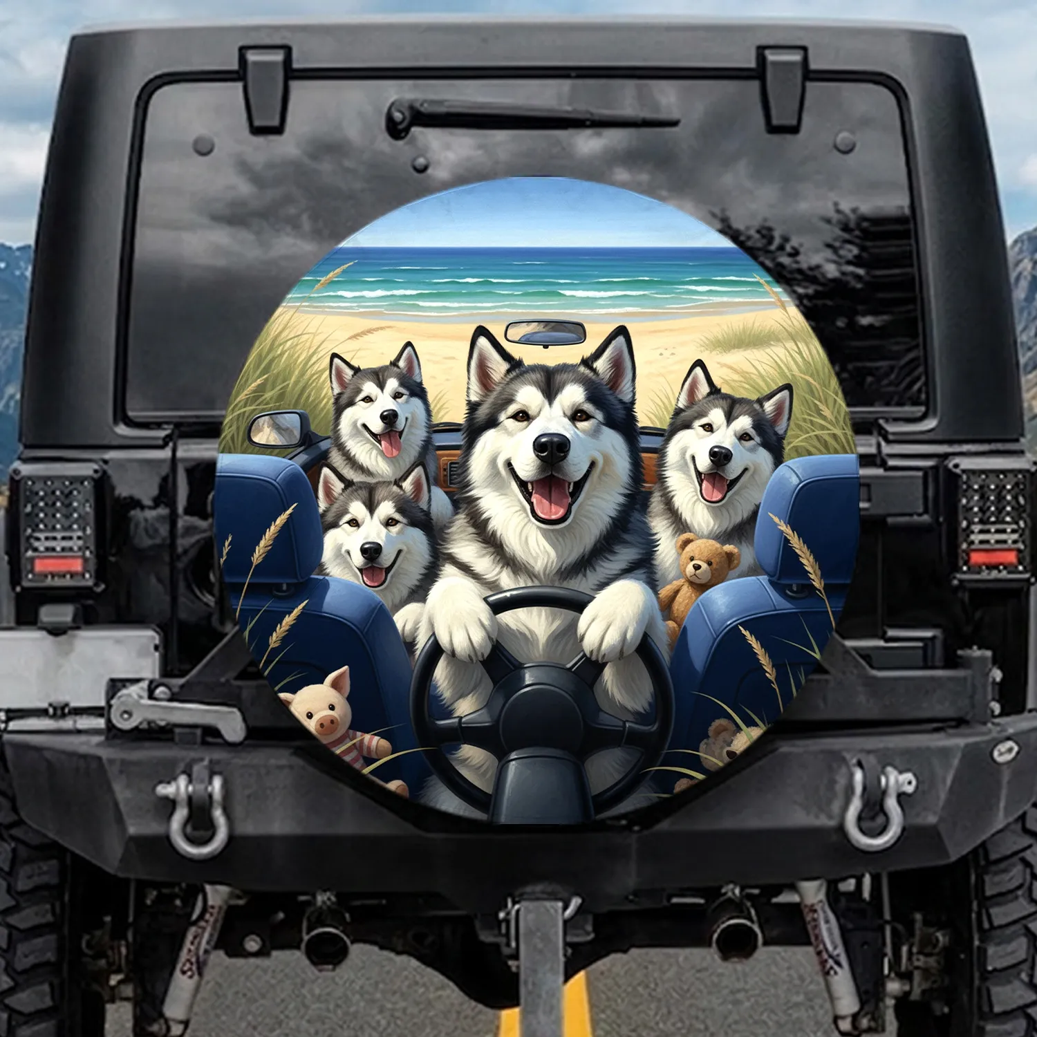 Joyful Malamutes Coastal Car Adventure - Travel Essentials Gift Spare Tire Cover - 1
