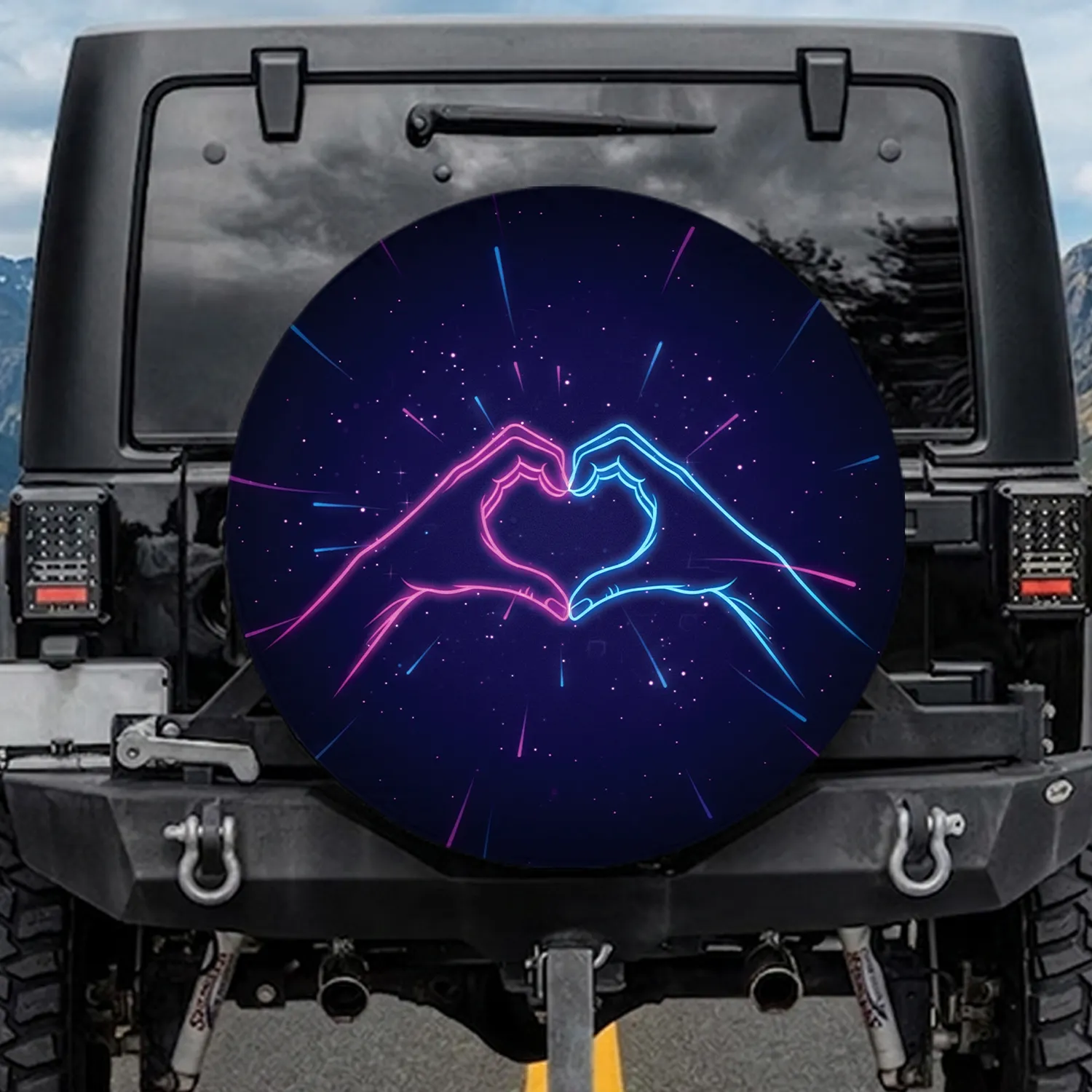 Luminous Neon Heart Hands Light Trails Reflections - Vehicle Decor Gift Spare Tire Cover - 1