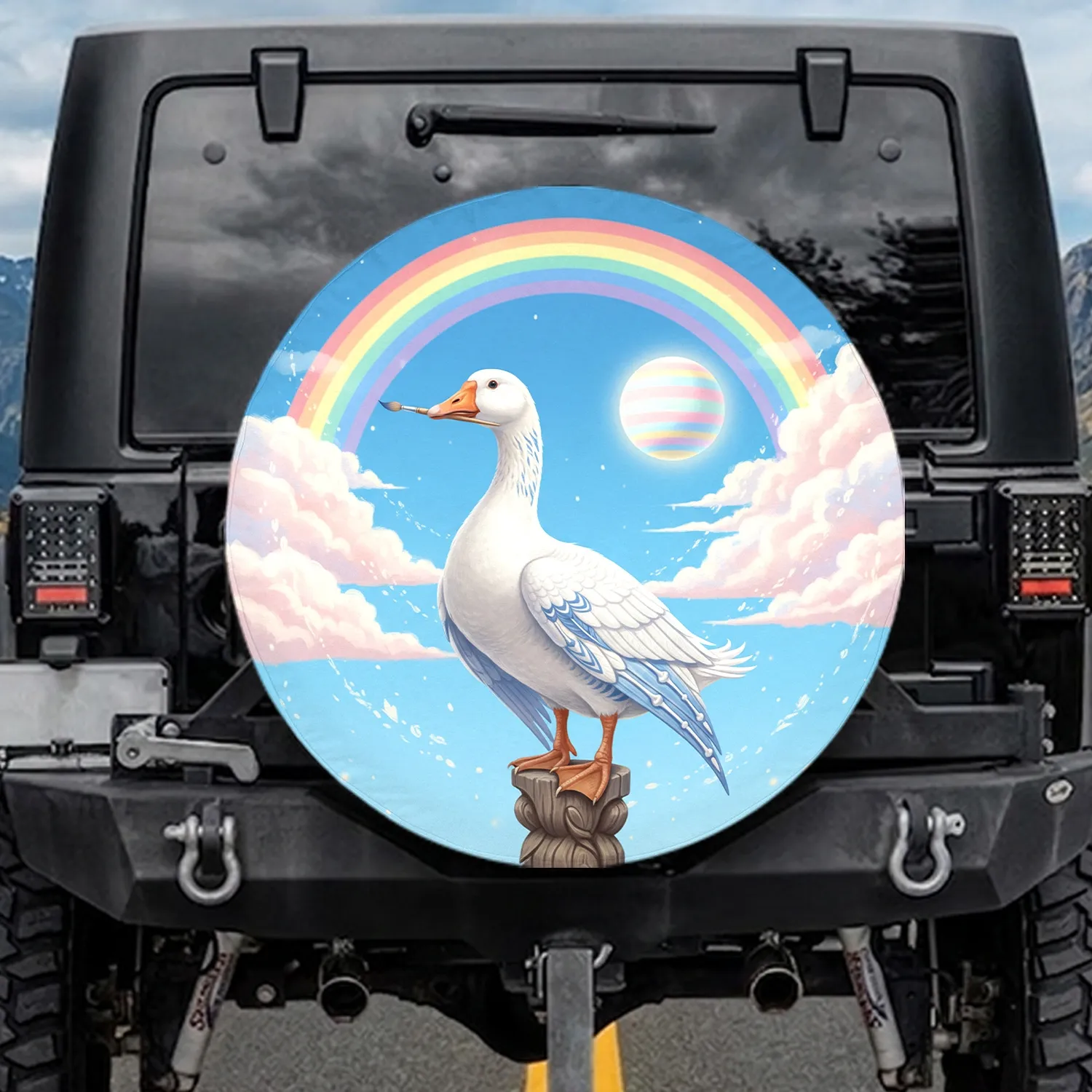 White Goose Rainbow Clouds Celestial Sphere - Outdoor Adventure Gift for Goose Lover Spare Tire Cover - 1