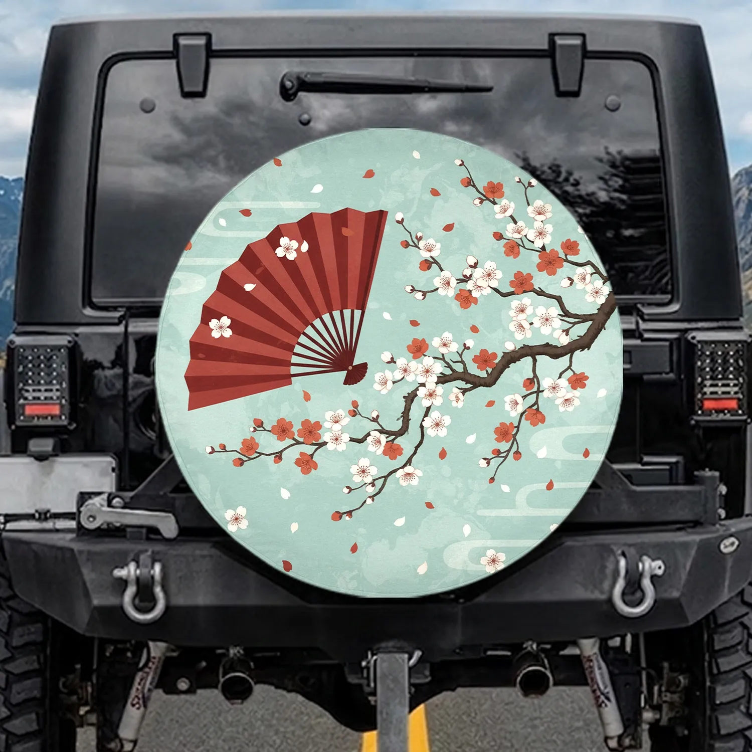 White Red Cherry Blossom Branch Japanese Sensu Fan Unryu Cloud - Home Decor Gift Spare Tire Cover - 1