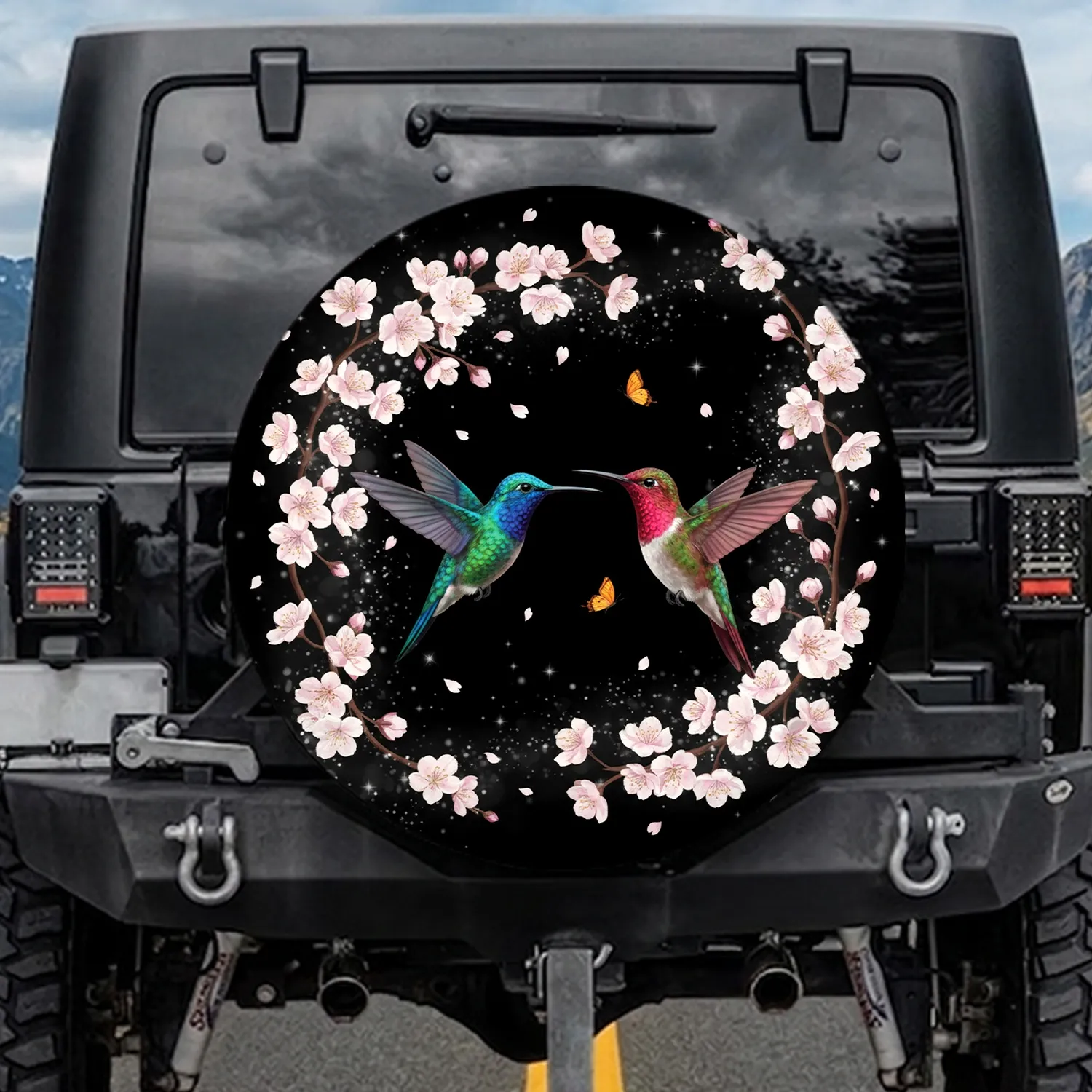 Hummingbirds Cherry Blossom Branches Butterfly Nature Scene - Gift for Wildlife Lovers Spare Tire Cover - 1