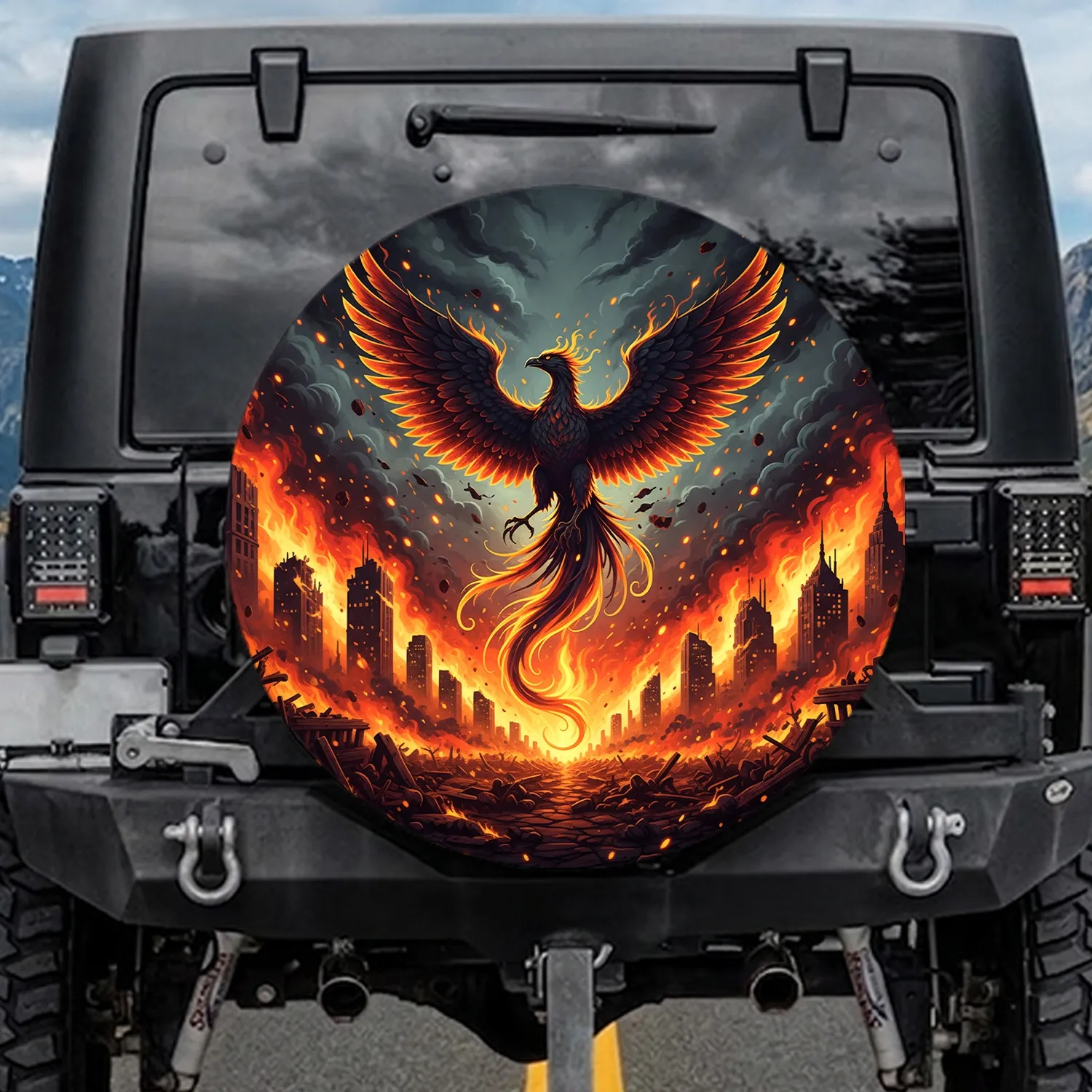 Fiery Phoenix Ruined City - Car Accessory Spare Tire Cover - 1