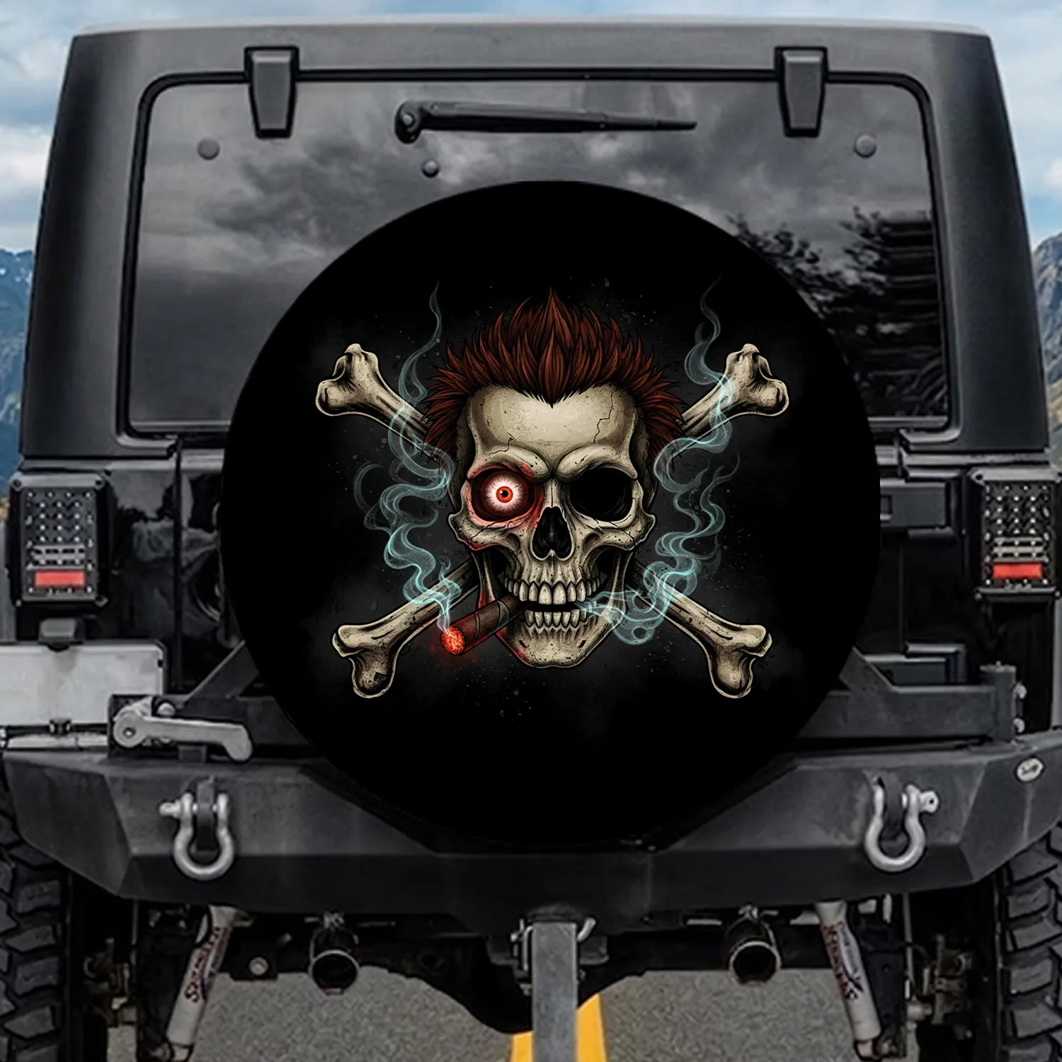 Distressed Skull Crossbones Cigar Smoke - Gothic Decor Gift for Goth Lover Spare Tire Cover - 1