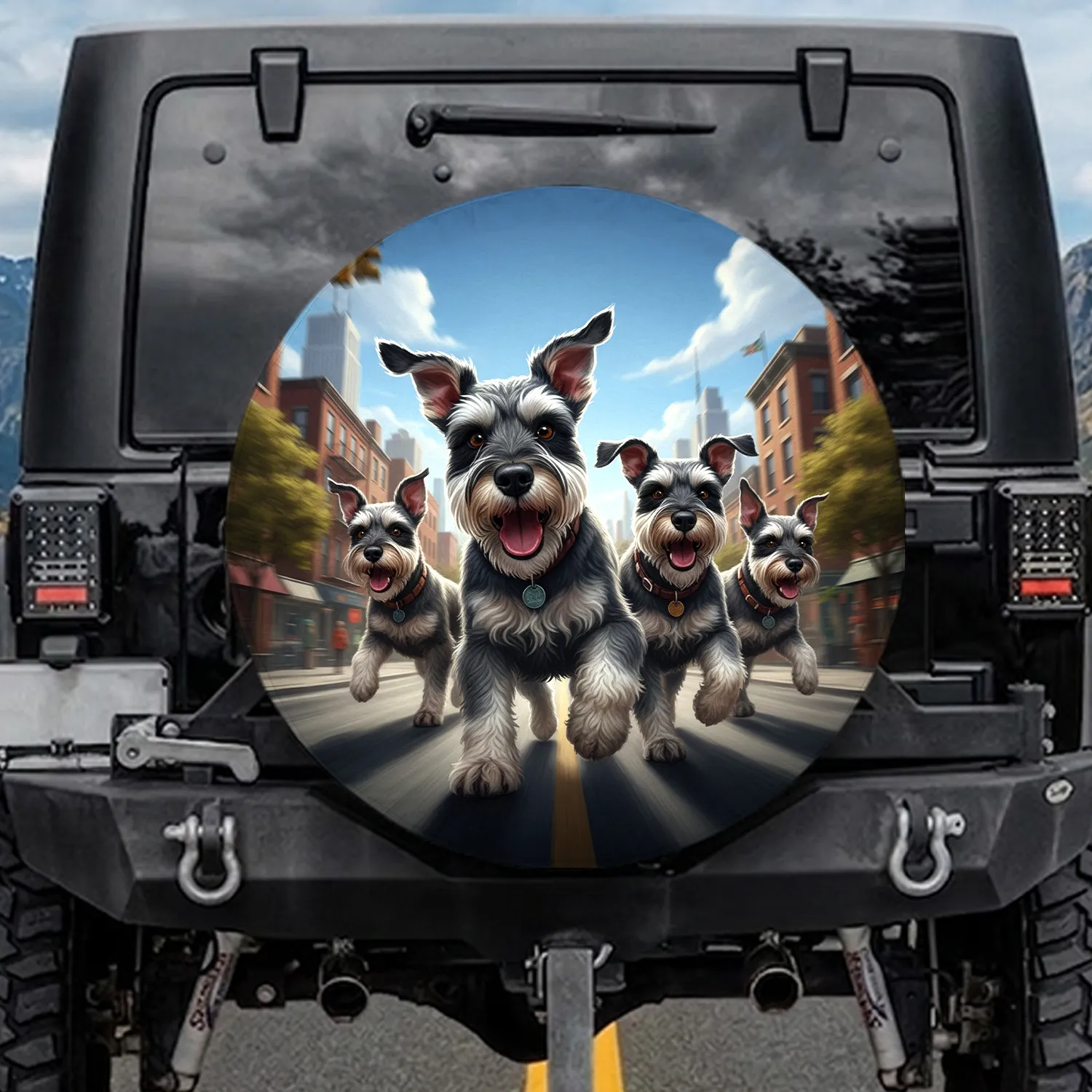 Schnauzer Dogs City Adventure - Road Trip Gift for Dog Lovers Spare Tire Cover - 1