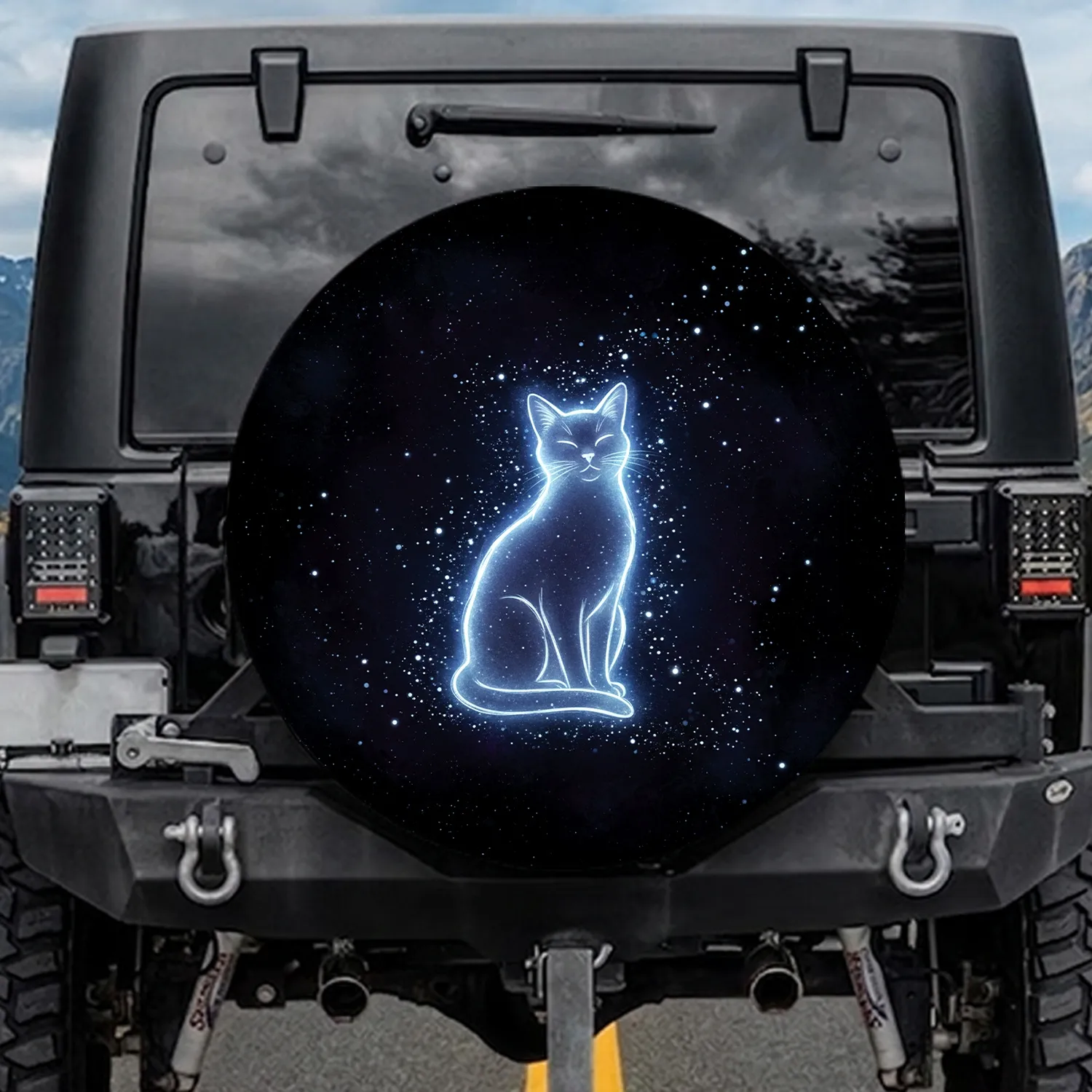 Glowing Cat Fireflies Cosmic Night - Travel Essentials for Cat Lovers Spare Tire Cover - 1
