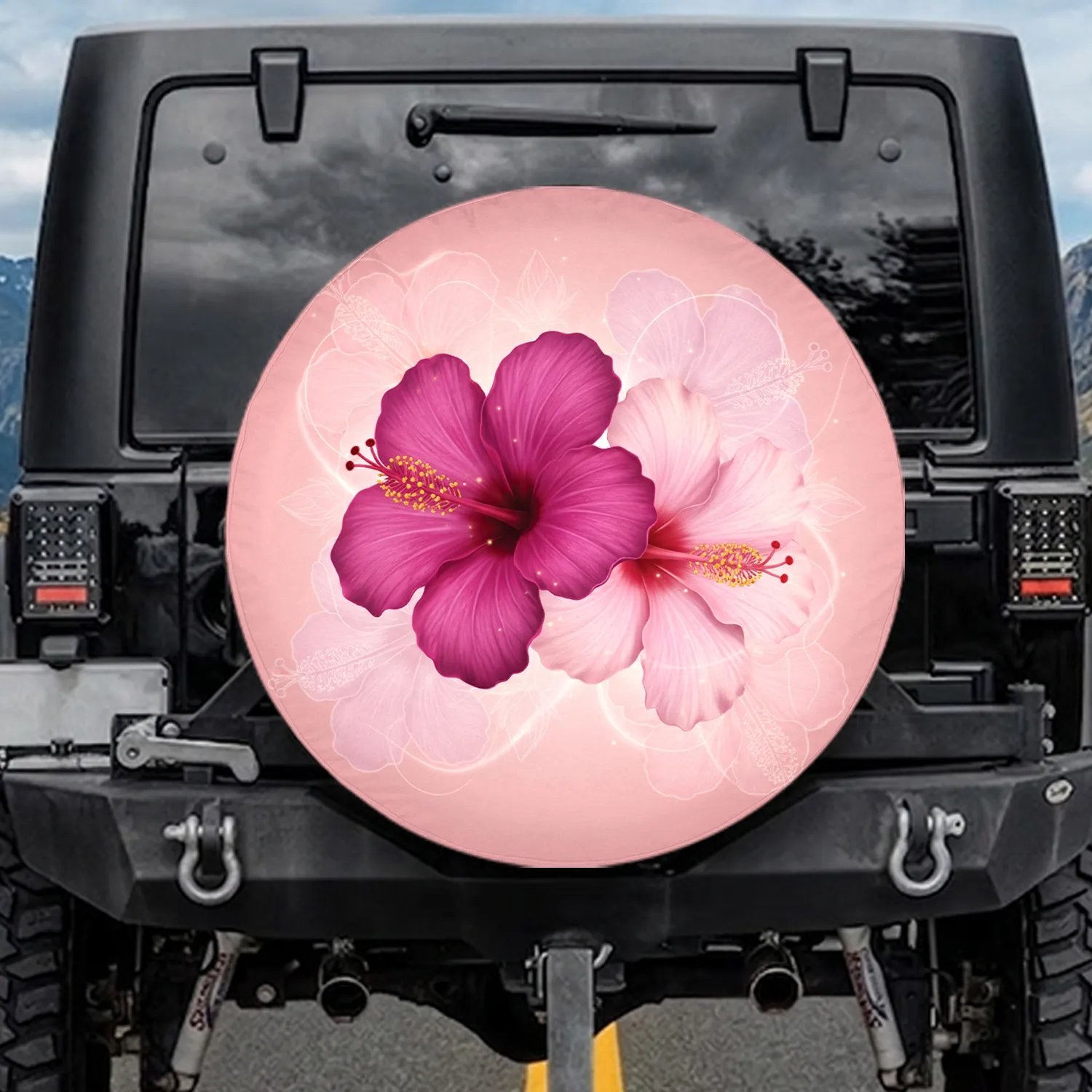 Deep Magenta Pastel Pink Hibiscus Flowers - Tropical Vehicle Decor Gift Spare Tire Cover - 1