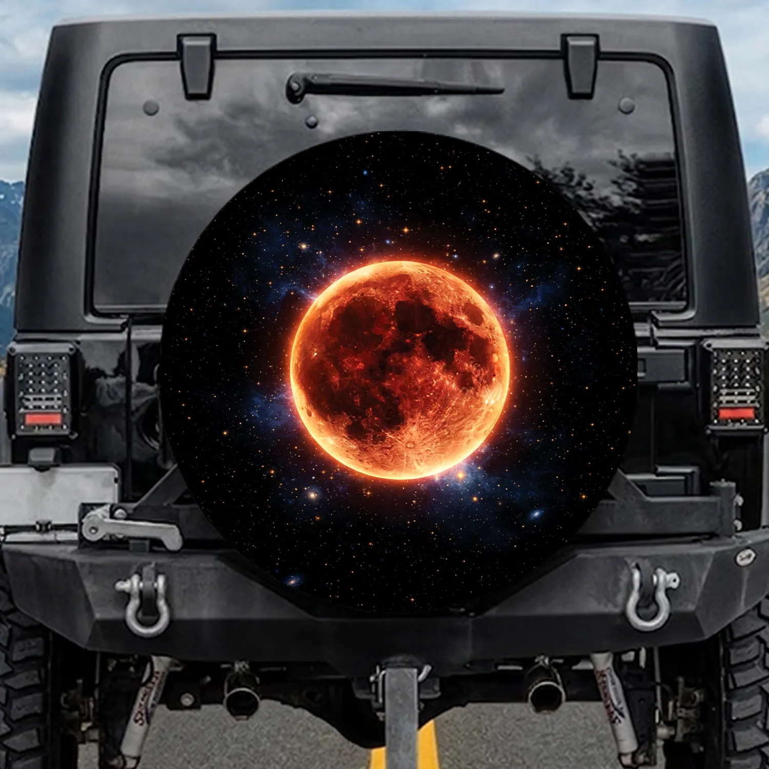 Fiery Orange Full Moon Galactic Stars Nebulae - Outdoor Adventure Gear for Space Lover Spare Tire Cover - 1
