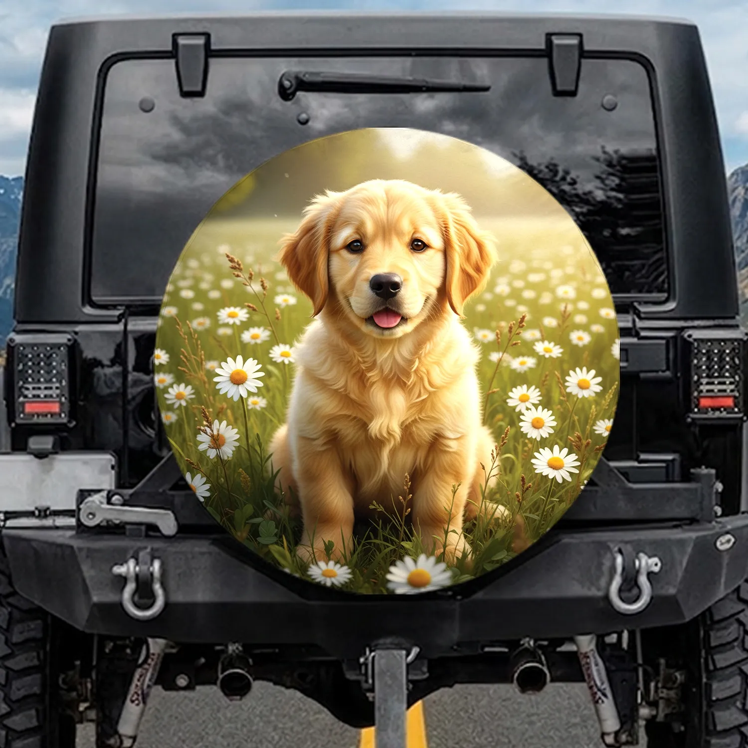Fluffy Golden Retriever Puppy White Daisy Wild Green Foliage Sunlit Meadow - Dog Lover Gift Spare Tire Cover - 1
