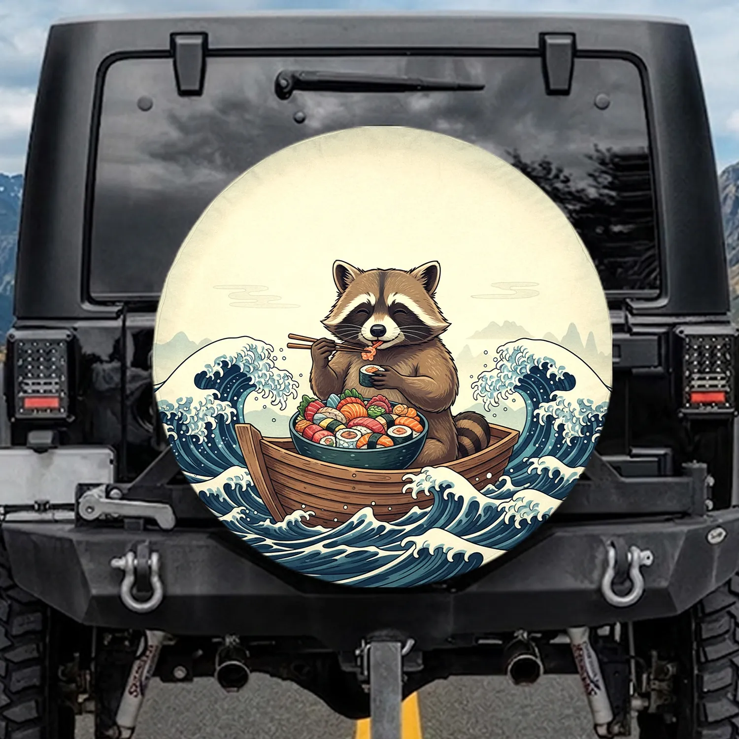 Raccoon Eating Sushi Great Wave Ocean - Sushi Lover Gift Spare Tire Cover - 1
