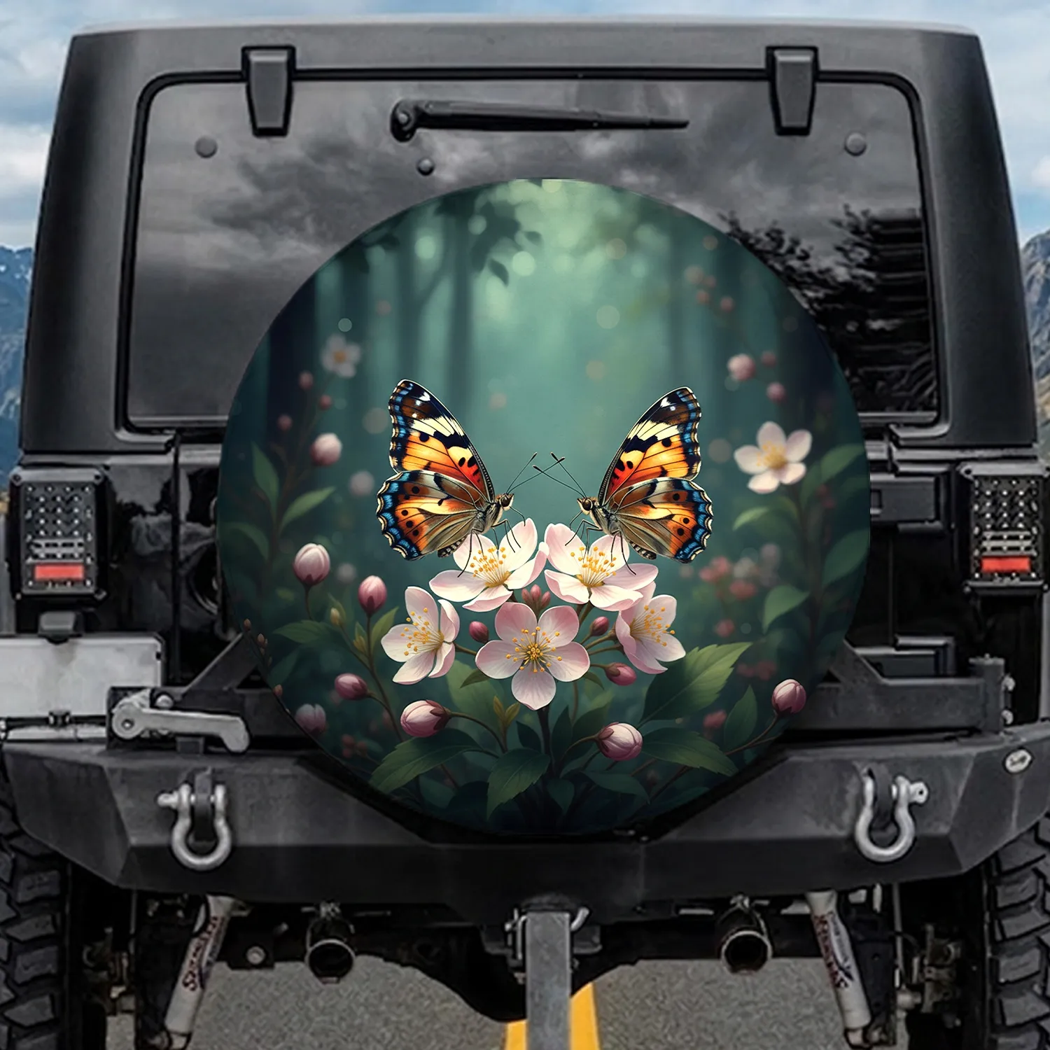 Teal Forest Two Orange Blue Brown Butterflies Pink Blossoms - Wildlife Lover Outdoor Decor Gift Spare Tire Cover - 1