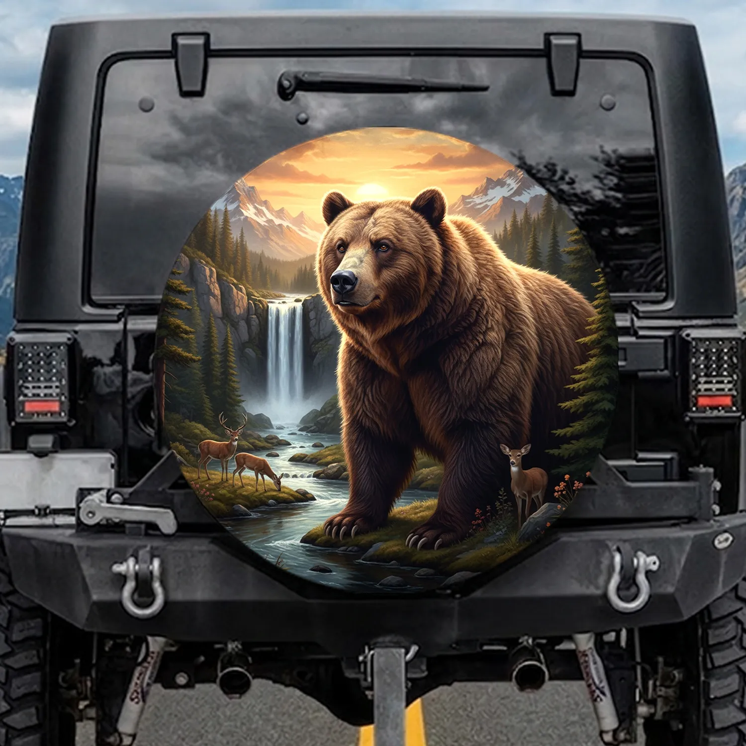 Grizzly Bear Forest River Deer Mountain - Wildlife Lover Gift Spare Tire Cover - 1