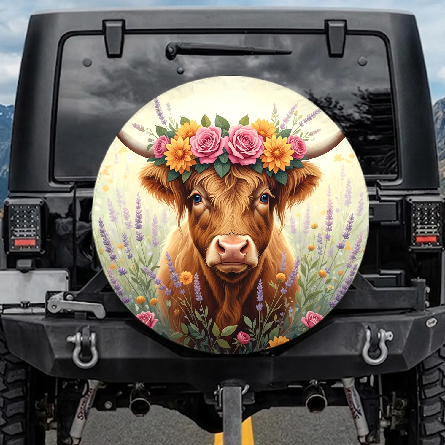 Highland Cow Flower Crown Wild Botanicals - Farmhouse Decor Cow Lover Gift Spare Tire Cover - 1