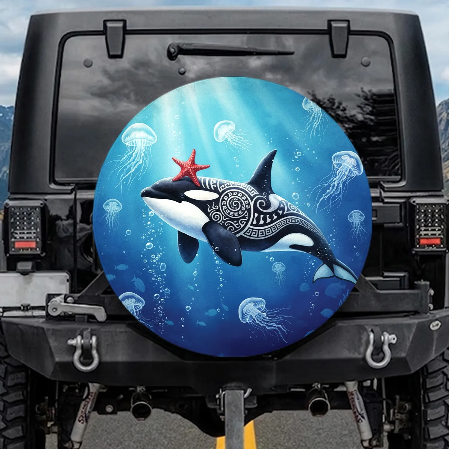 Orca Starfish Jellyfish Bubbles Deep Aquatic Ocean Scene - Ocean Life Lover Gift Spare Tire Cover - 1