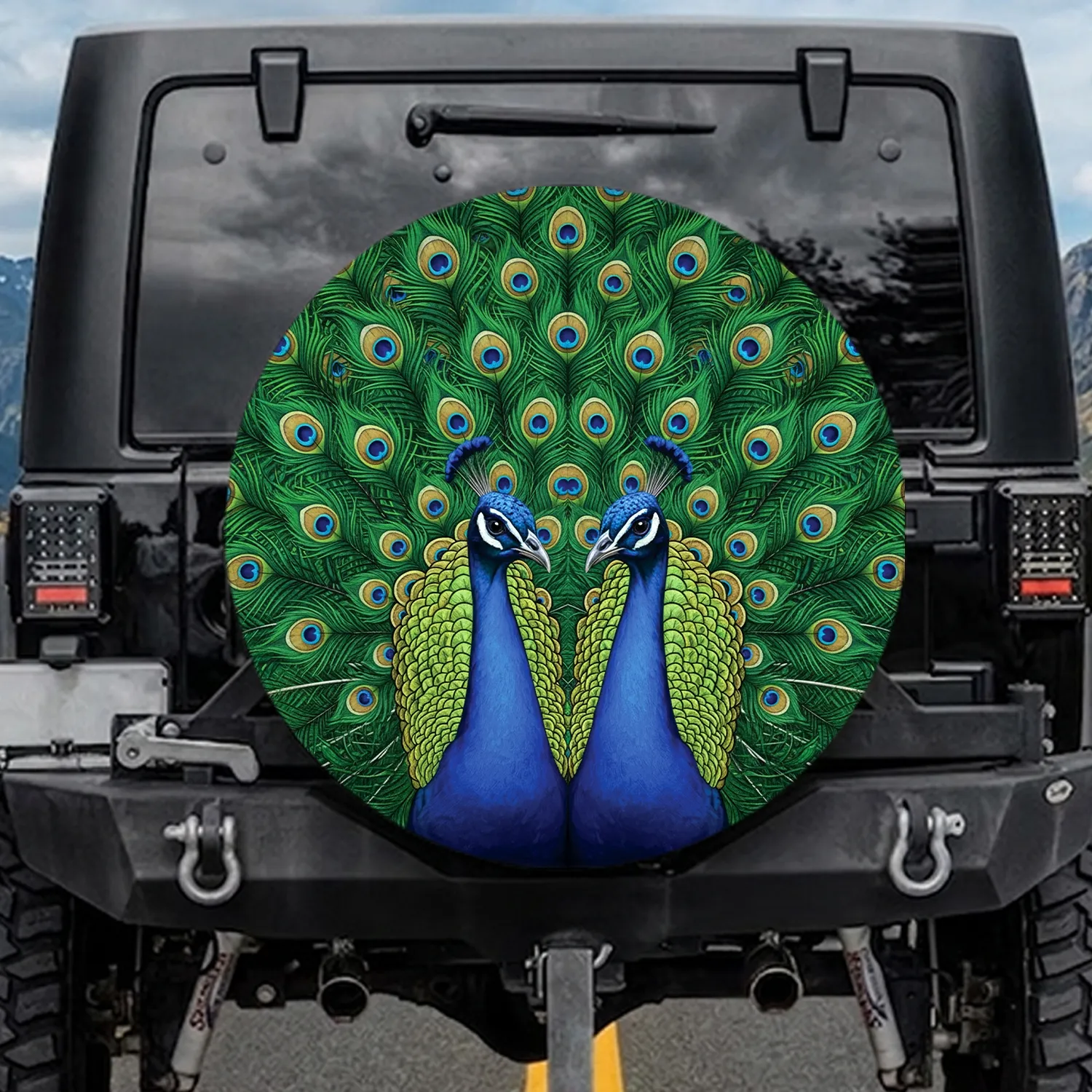 Two Majestic Peacocks Symmetrical Fanned Iridescent Feather Eyespots - Wildlife Lover Gift Spare Tire Cover - 1