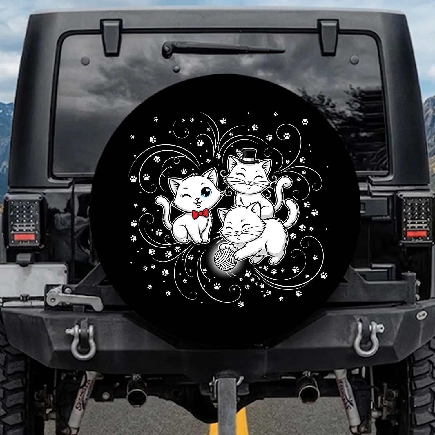 Black White Cartoon Cats Winking Bow Hat Paw Prints Swirling Lines - Everyday Cat Lover Gift Spare Tire Cover - 1