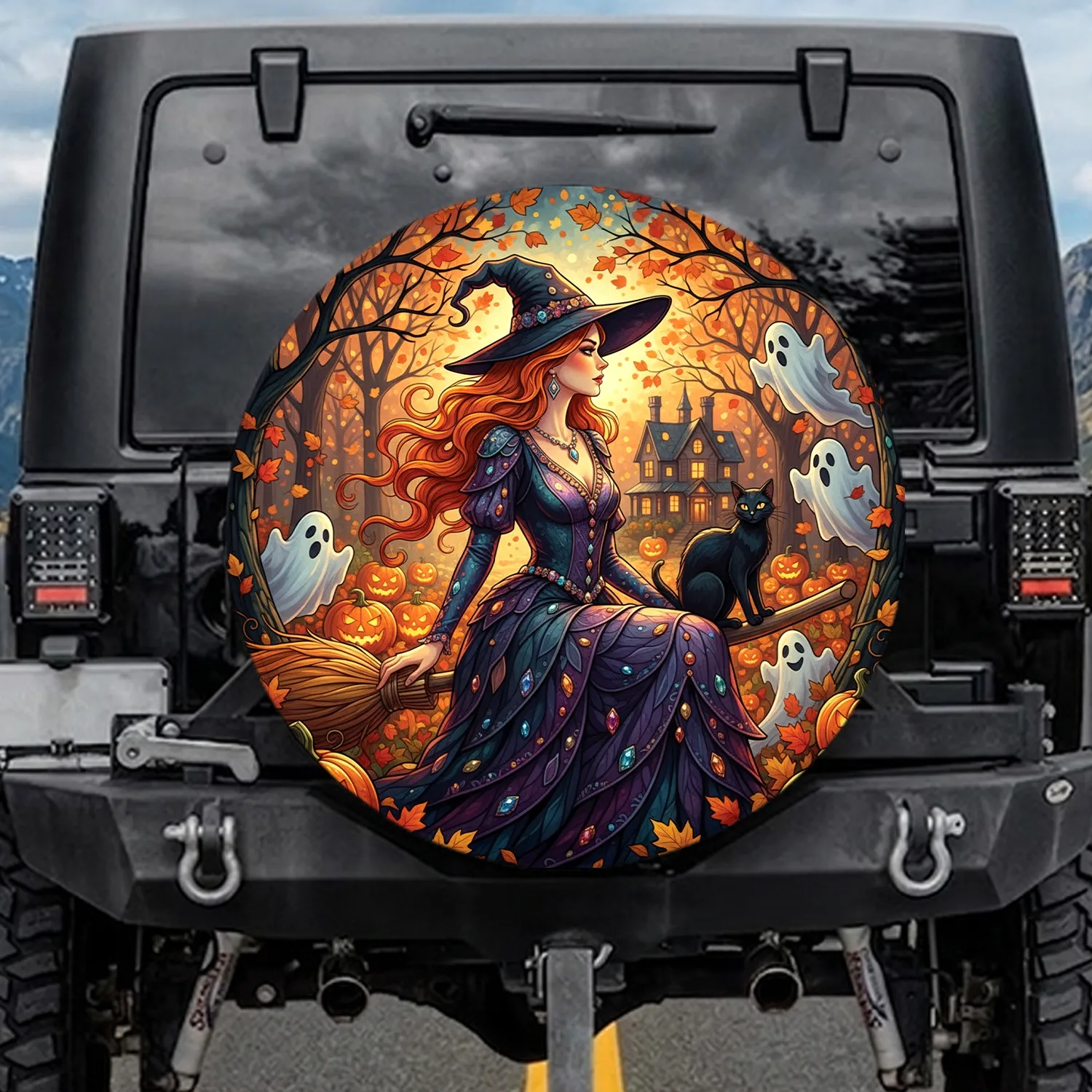 Witch Black Cat Broomstick Jack-o'-lanterns Halloween Decor Gift Spare Tire Cover - 1