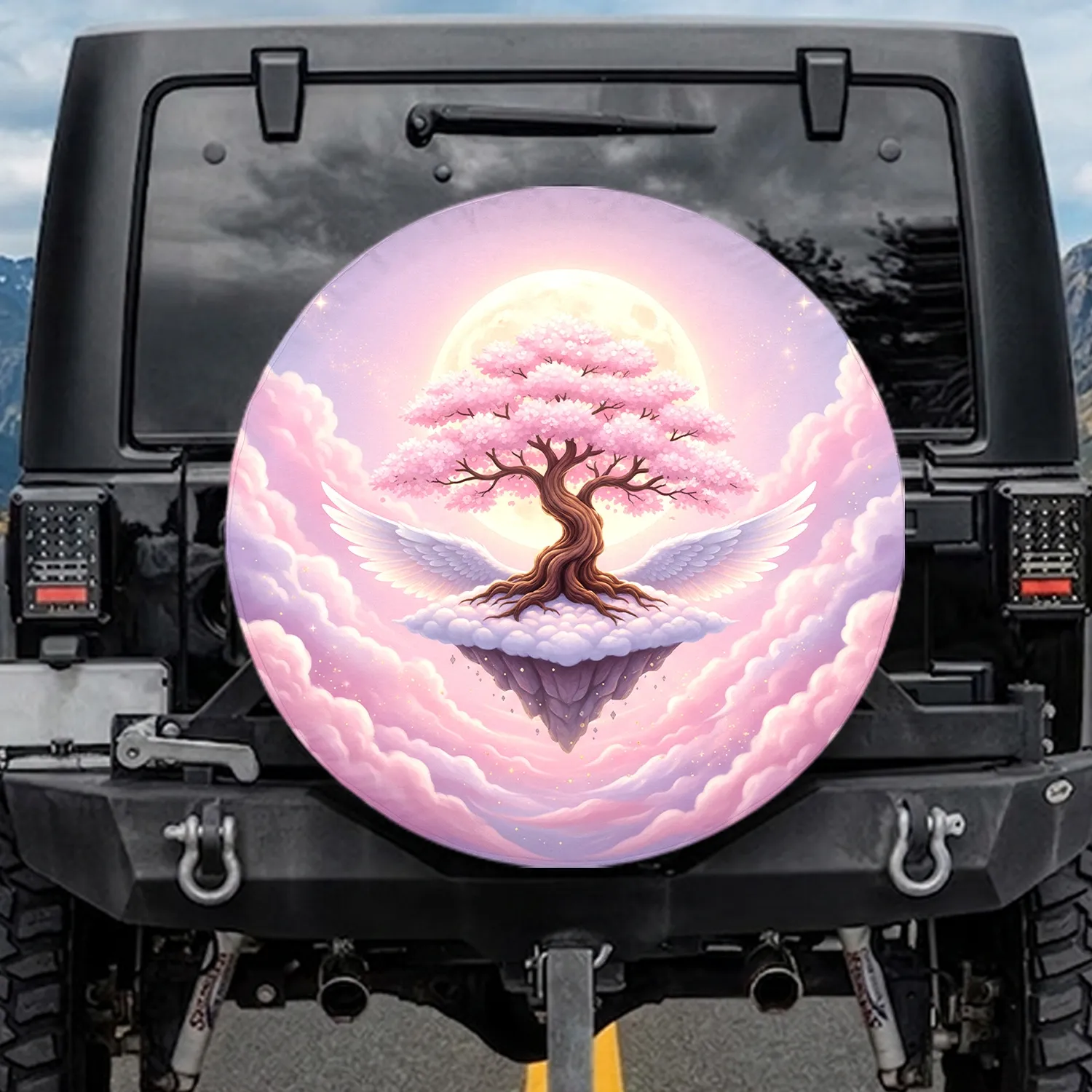 Cherry Blossom Tree Floating Island Wings Celestial Moon - Home Decor Gift Spare Tire Cover - 1