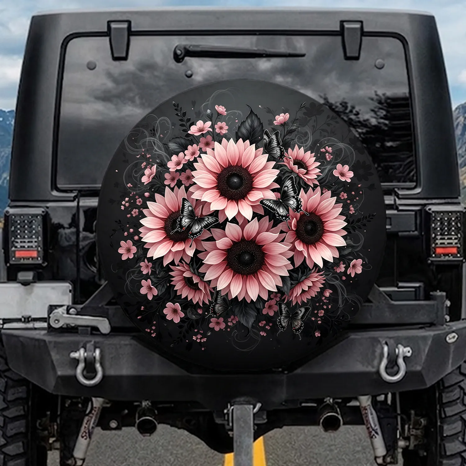 Pink Sunflowers Black Butterflies Dark Foliage Botanical Silhouettes - Garden Lover Gift Spare Tire Cover - 1