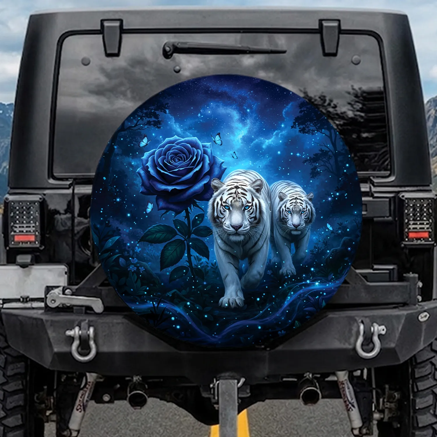 White Tigers Blue Rose Nebula Sky Blue Butterflies Jungle - Wildlife Lover Gift Spare Tire Cover - 1