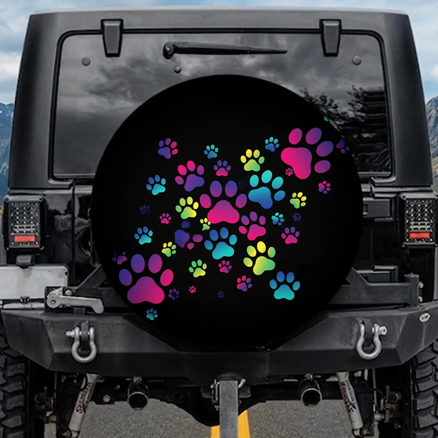 Overlapping Rainbow Paw Prints Black Background - Pet Lover Gift Spare Tire Cover - 1
