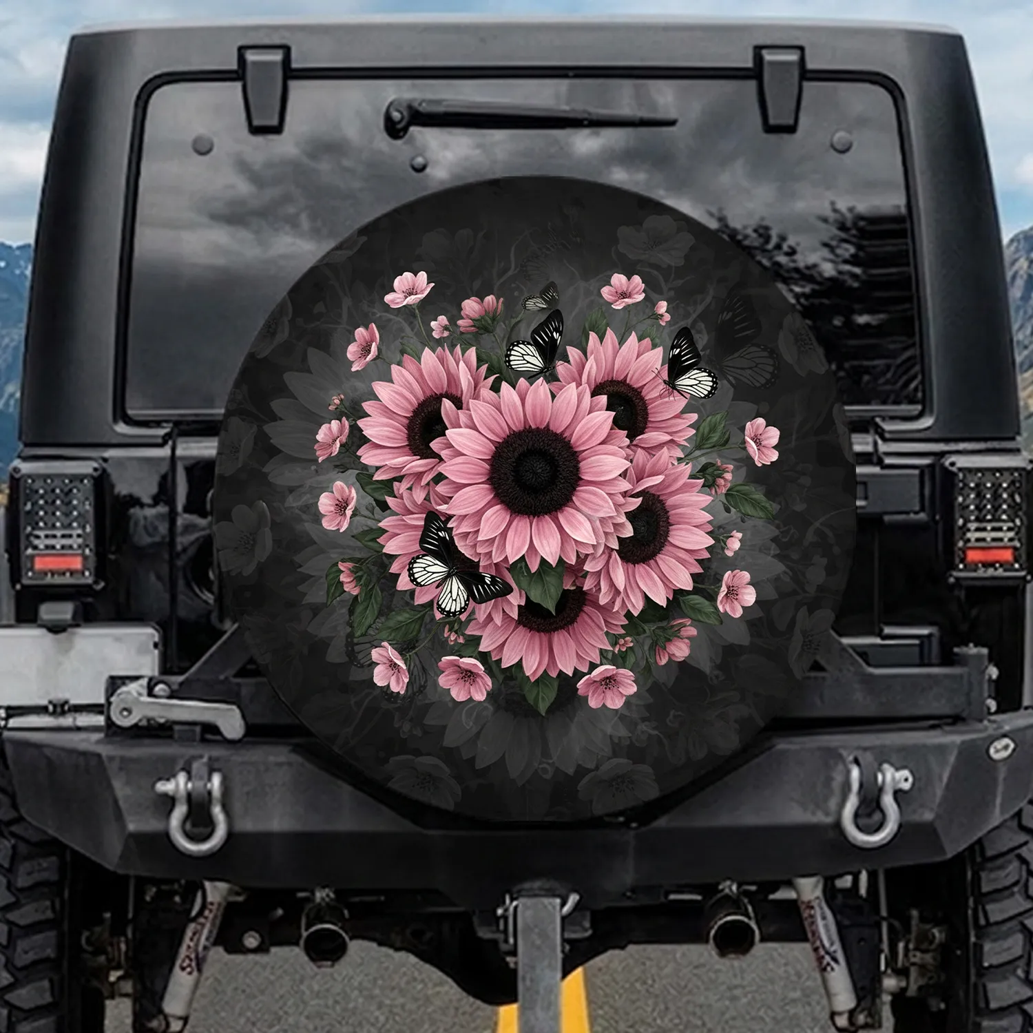 Pink Sunflowers Black Butterflies Floral Garden - Nature Lover Gift Spare Tire Cover - 1