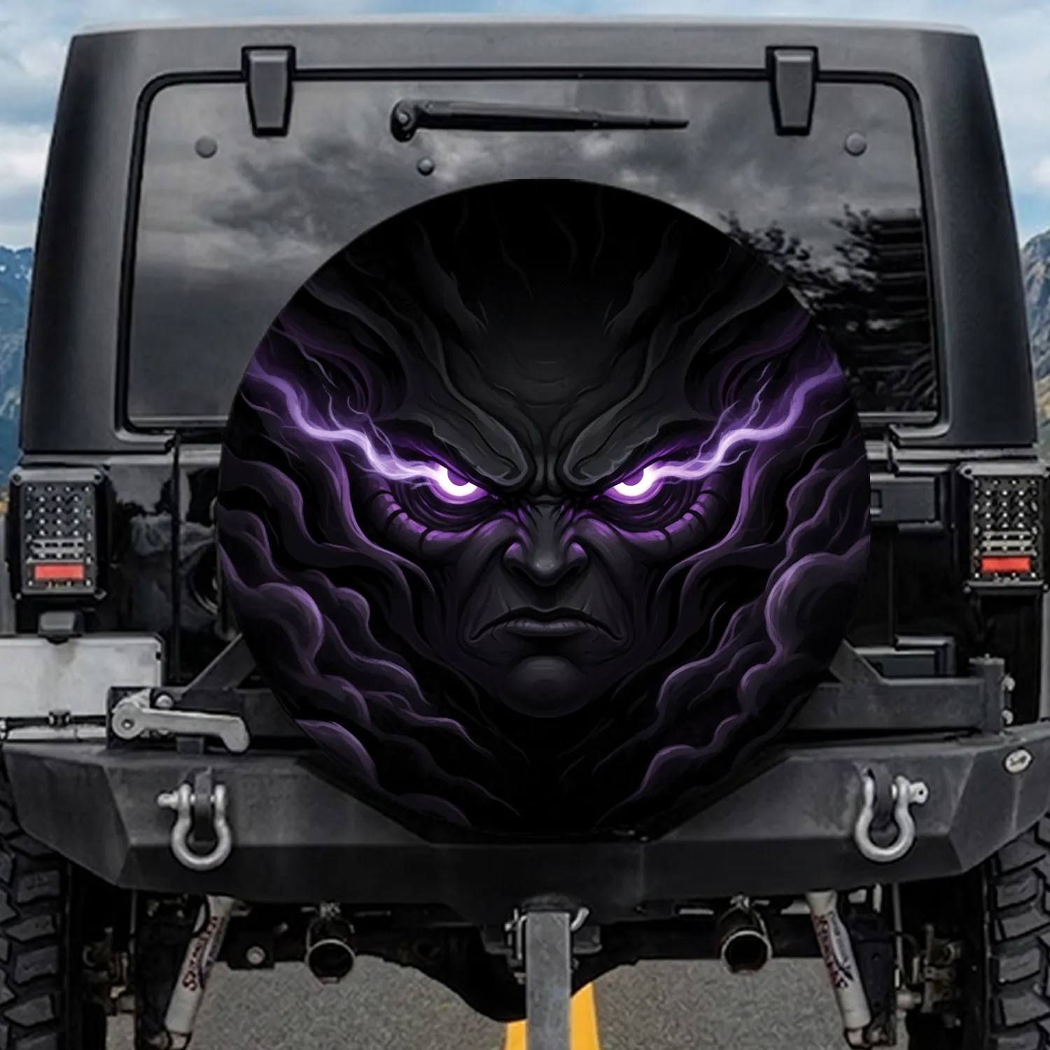 Intense Glowing Electric Purple Eyes with Menacing Scowl - Foreboding Home Decor Gift Spare Tire Cover - 1