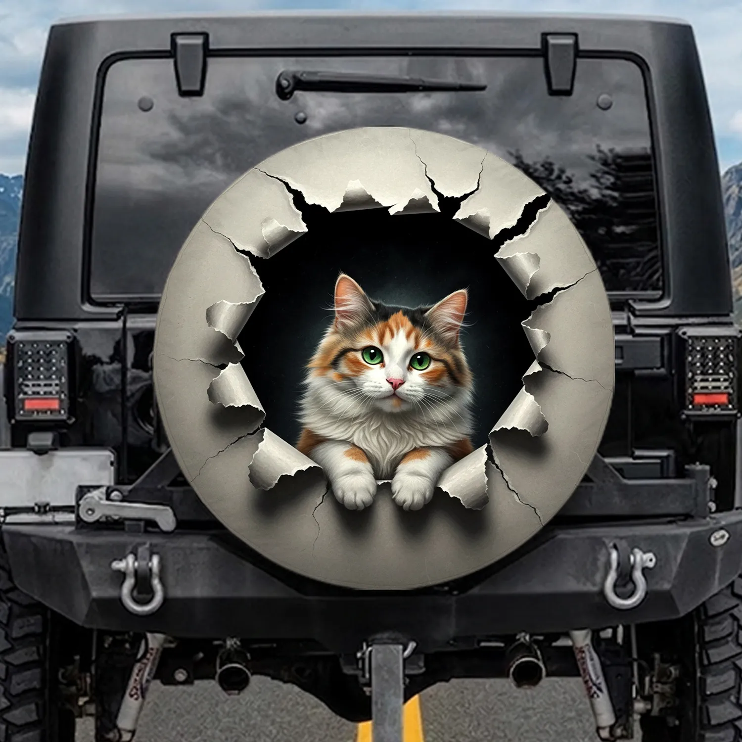 Calico Cat Peeking Torn Material Black Void - Cat Lover Home Decor Gift Spare Tire Cover - 1