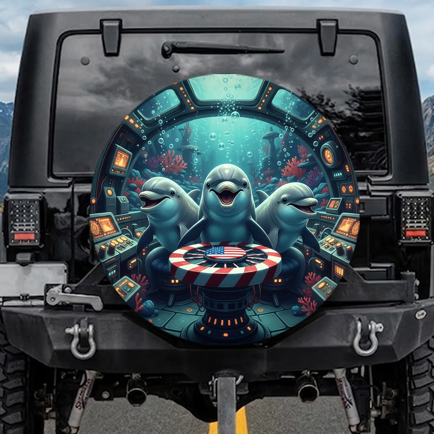 Dolphins American Flag Control Underwater - Patriotic Travel Spare Tire Cover - 1