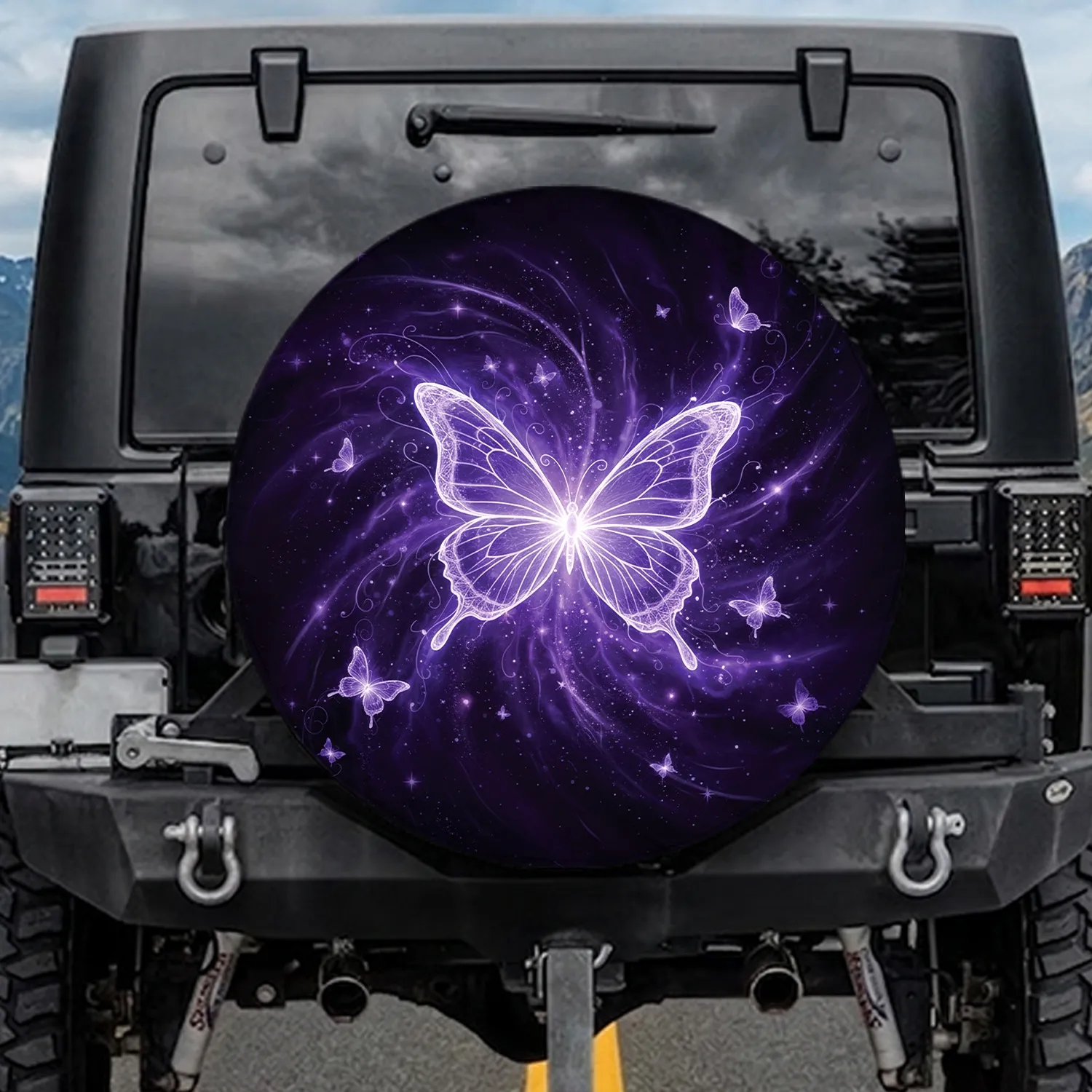 Glowing Purple Butterflies Cosmic Galaxy Field - Fantasy Lover Gift Spare Tire Cover - 1