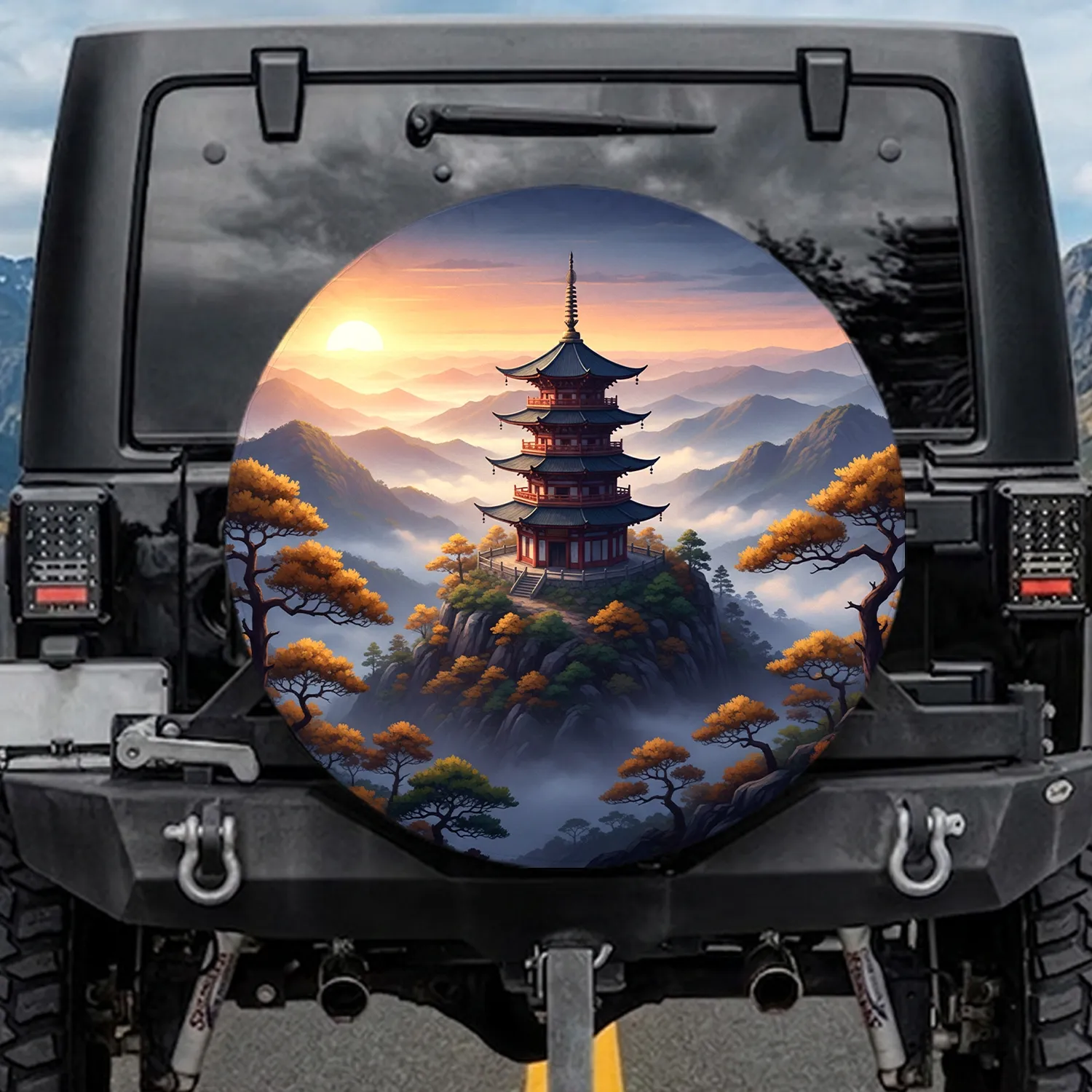 East Asian Pagoda Forested Mountain Twilight Sky Sun Landscape - Home Decor Gift Spare Tire Cover - 1