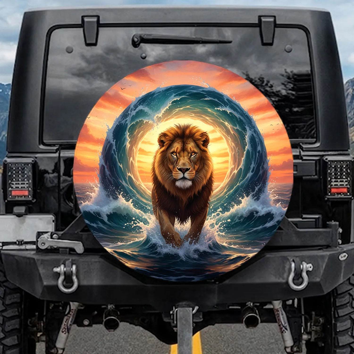 Lion Ocean Waves Sunset Sky - Adventure Seeker Gift Spare Tire Cover - 1