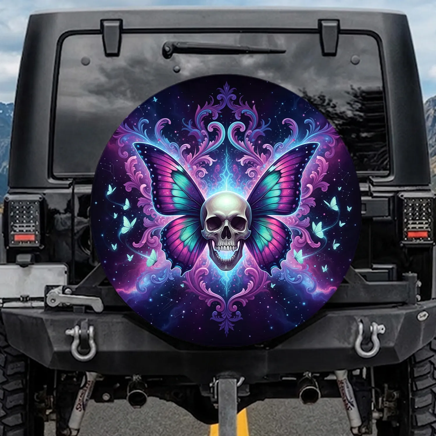 Majestic Skull Iridescent Butterfly Swirling Energy Cosmic Nebula - Dark Fantasy Gift Spare Tire Cover - 1