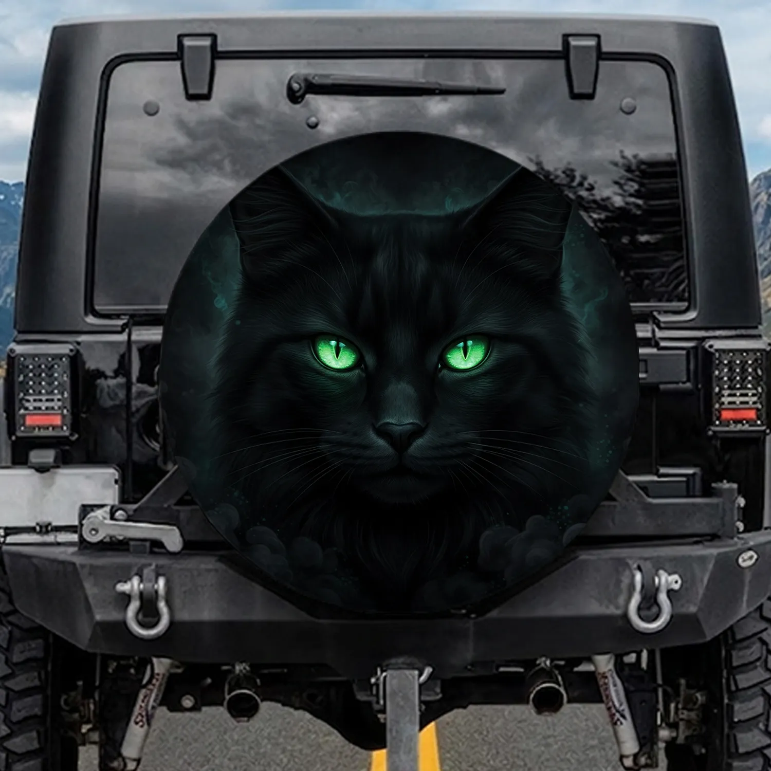 Glowing Emerald Cat Eyes Black Feline Fur Charcoal Mist - Wildlife Lover Car Decor Gift Spare Tire Cover - 1