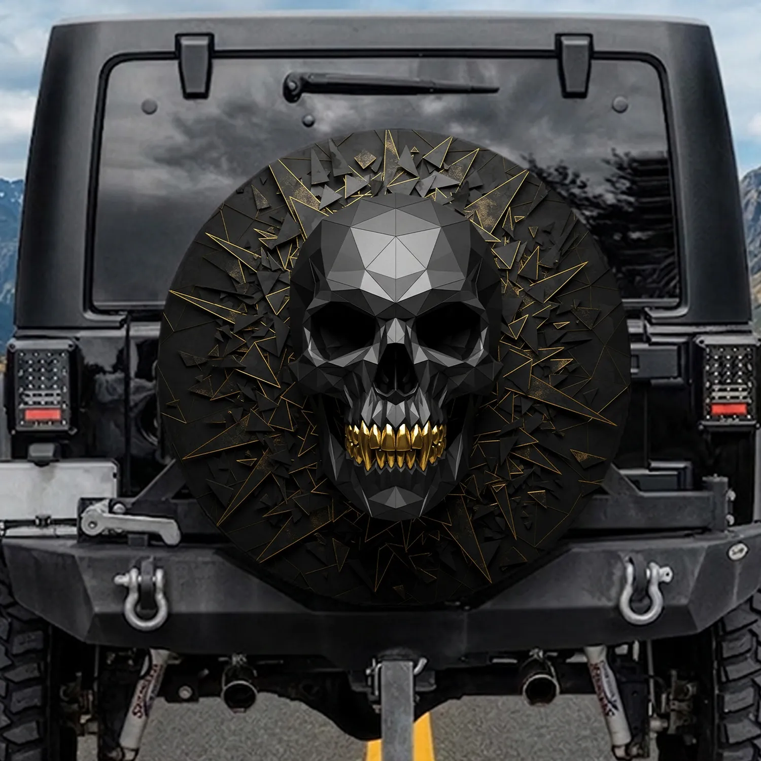 Geometric Skull Gold Teeth Car Decor - Auto Enthusiast Gift Spare Tire Cover - 1