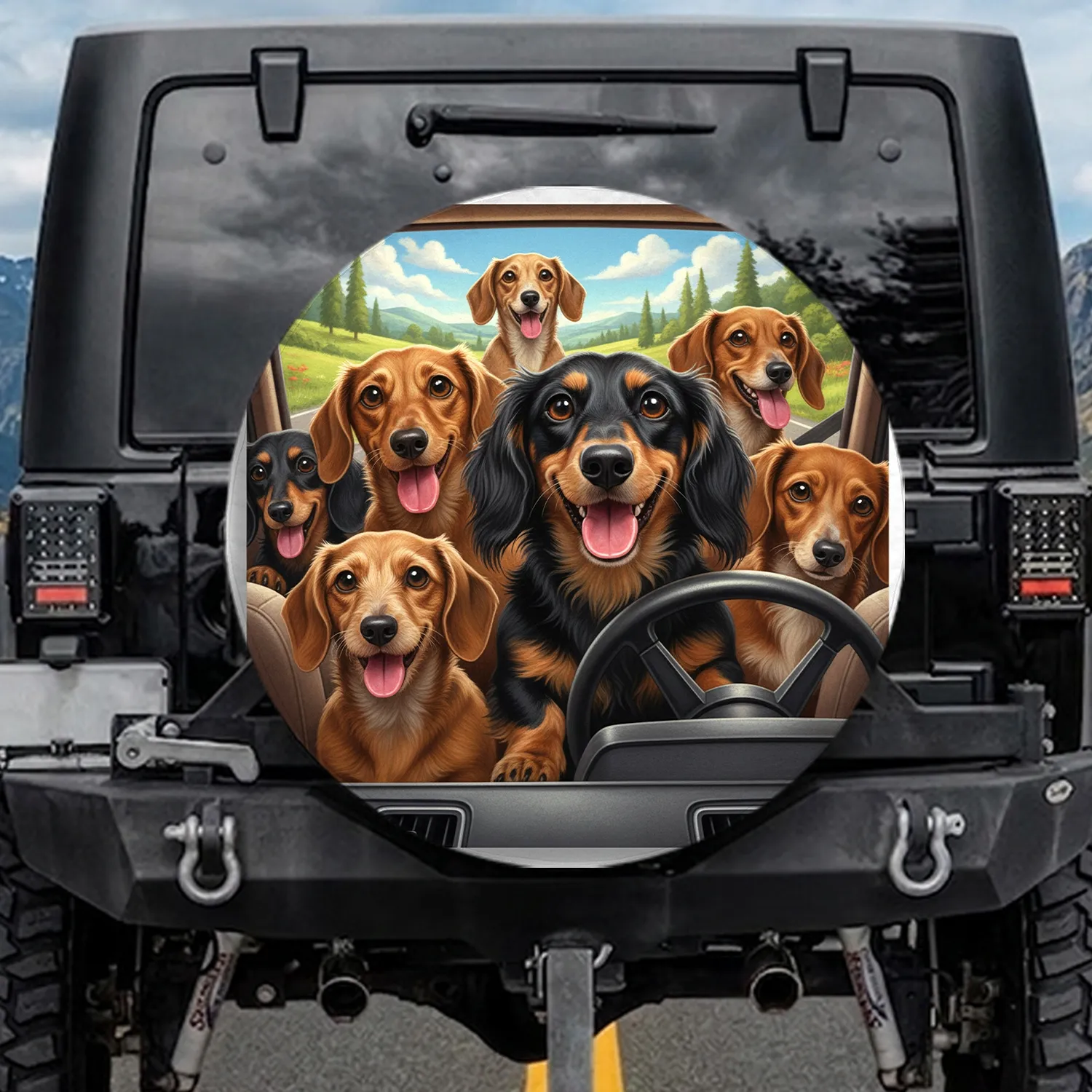 Happy Dachshunds Driving Car, Dashboard, Green Hills, Blue Sky Road Trip - Dog Lover Gift Spare Tire Cover - 1
