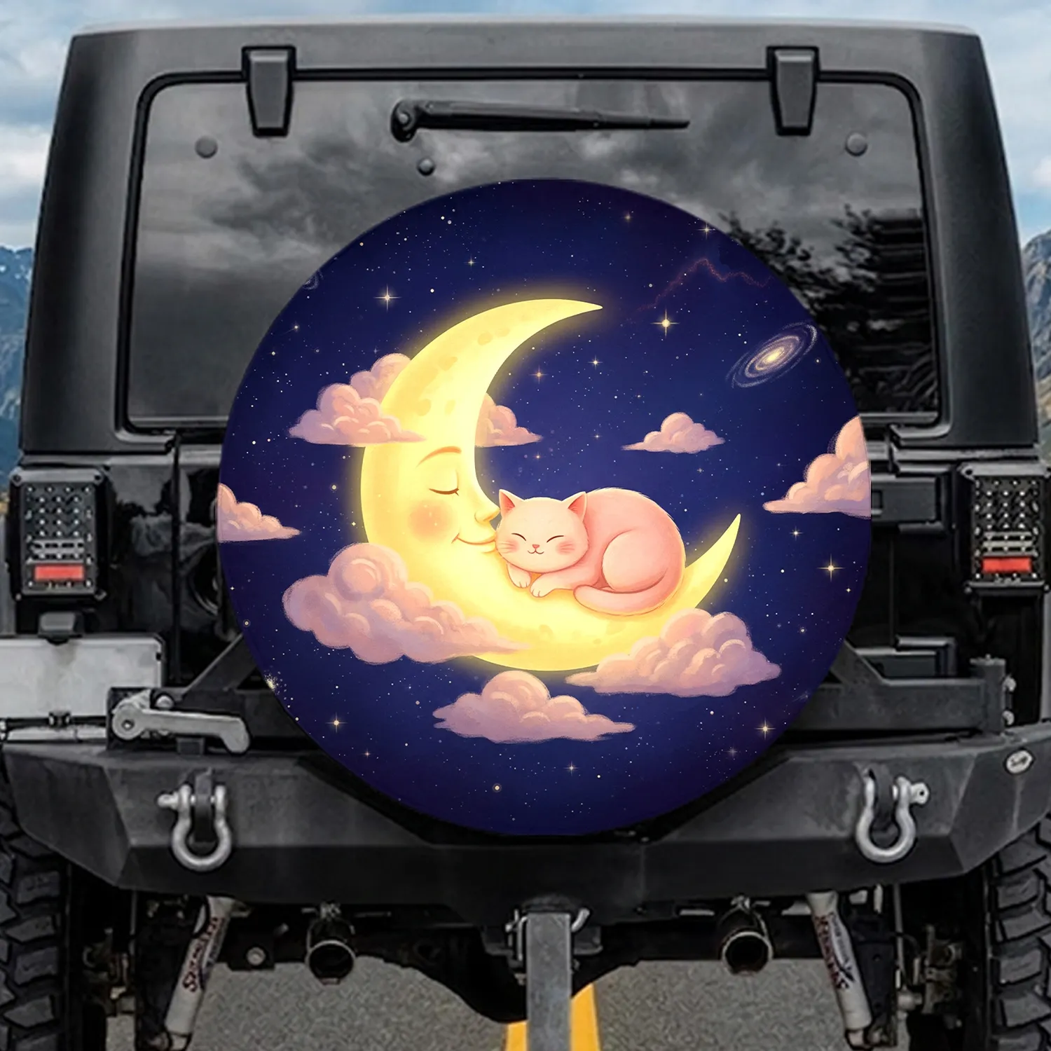 Pink Cat Smiling Moon Stars Celestial - Home Decor Gift for Cat Lover Spare Tire Cover - 1